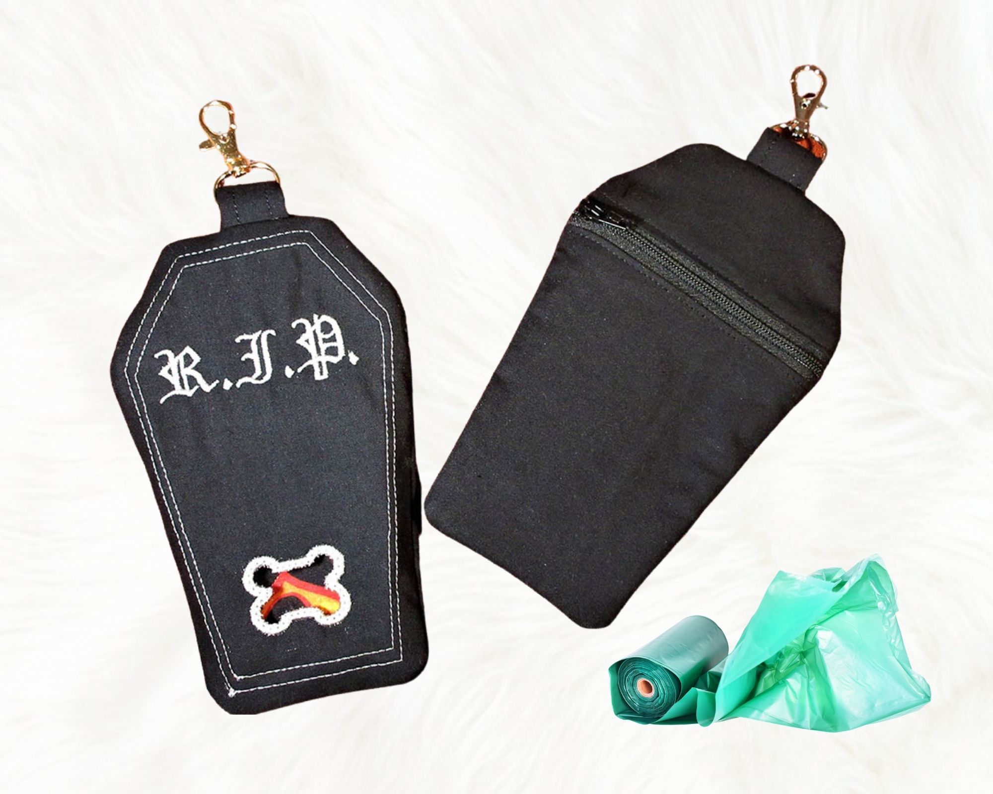 Coffin Shape Dog poop bag dispenser with free roll of bags. Embroidered RIP  and Dog Bone bag opening. Personalization is available
