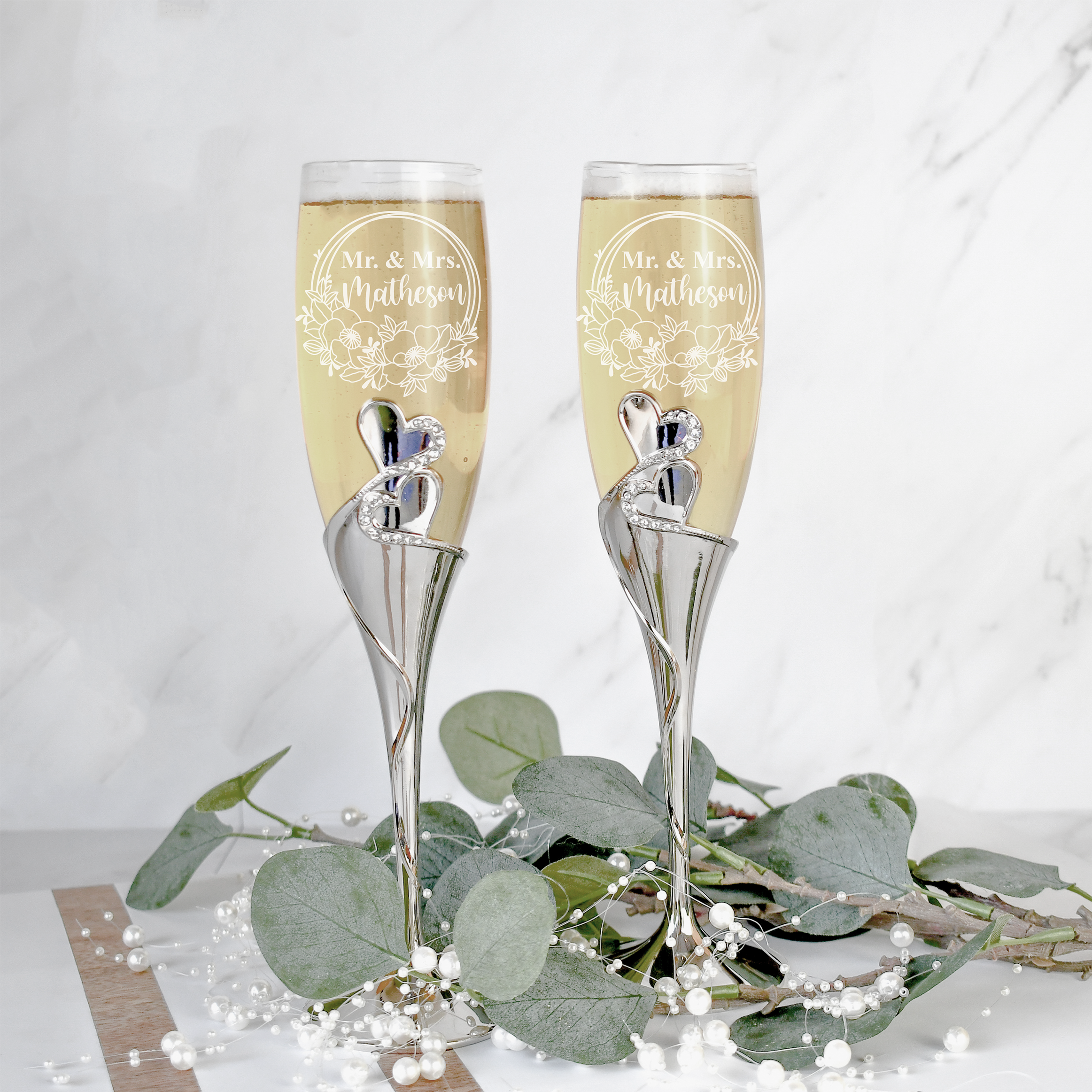 Interlocked Hearts Engraved Wedding Glass Champagne Flutes Set of 2, Size: One Size