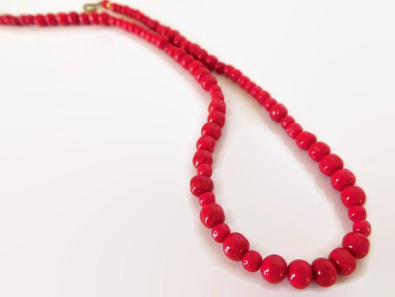 Red Glass Bead Necklace 22 Inch Length Made With Rare Vintage Beads