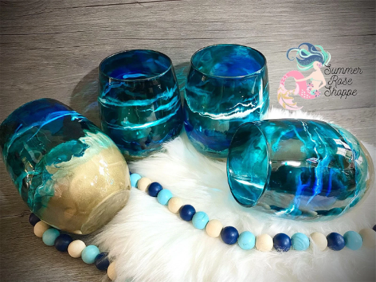 Custom Handmade Alcohol Ink Resin Wine Glass-ocean With Shells