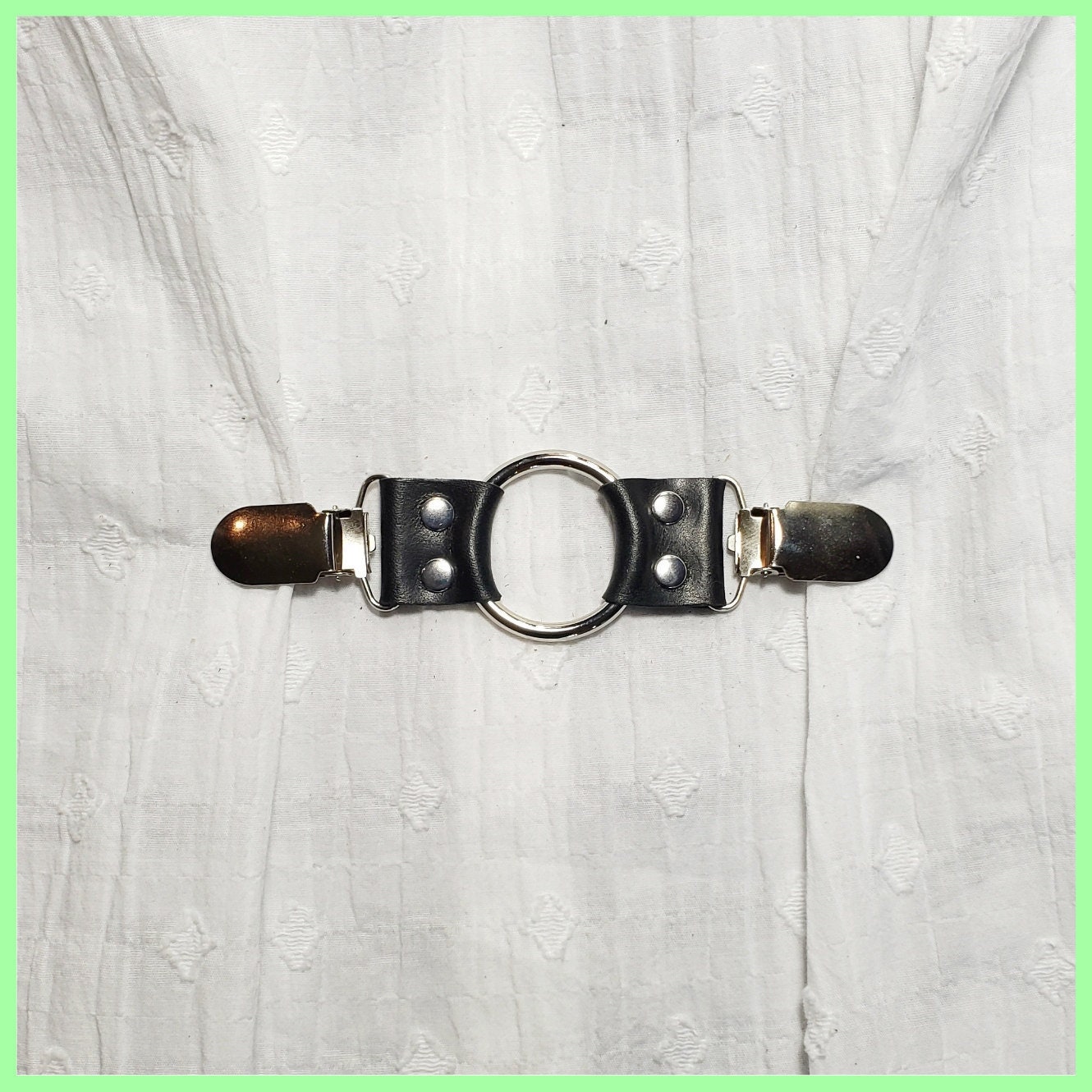 Black leather cinch clip with silver tone clips & o-ring. Shirt clip, dress  clip, sweater clip, skirt clip, jacket clip. Instant DIY tailoring.  Shipping included.