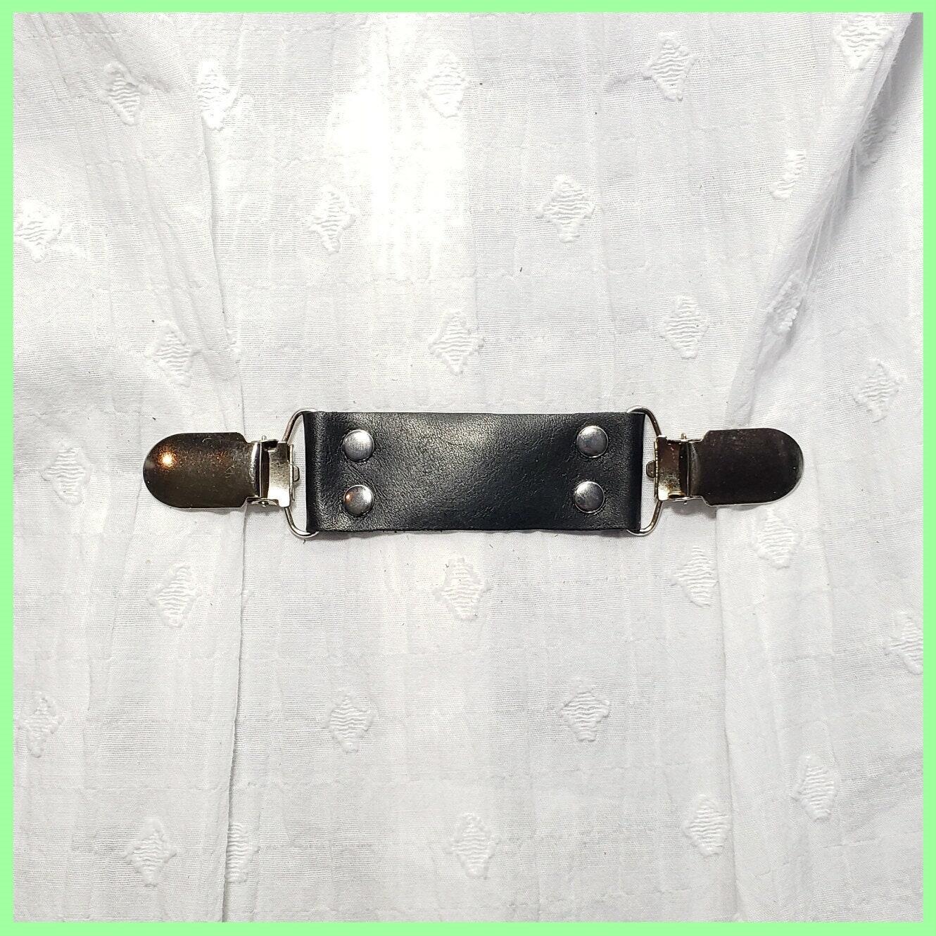 Black leather cinch clip, dress clip, jacket clip, shirt clip, sweater clip,  skirt clip, with silver tone clips. Instant DIY tailoring. Shipping  included.