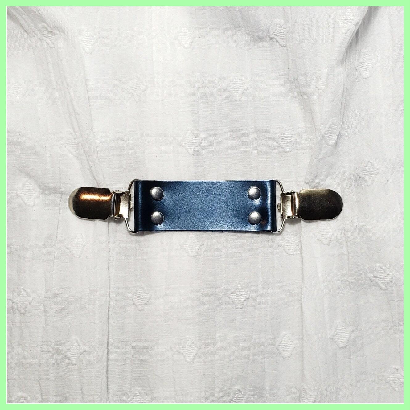 Blue leather cinch clip, dress clip, jacket clip, shirt clip, sweater clip,  skirt clip, with silver tone clips. Instant DIY tailoring. Shipping  included.