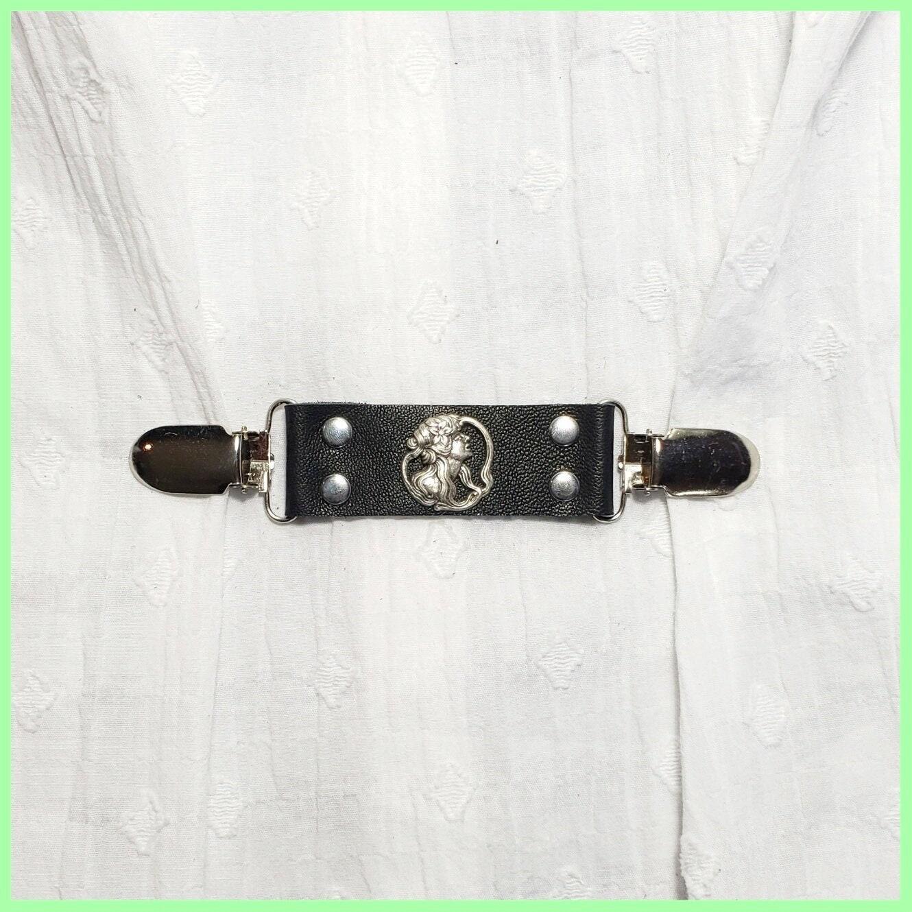 Black leather cinch clip, dress clip, jacket clip, shirt clip
