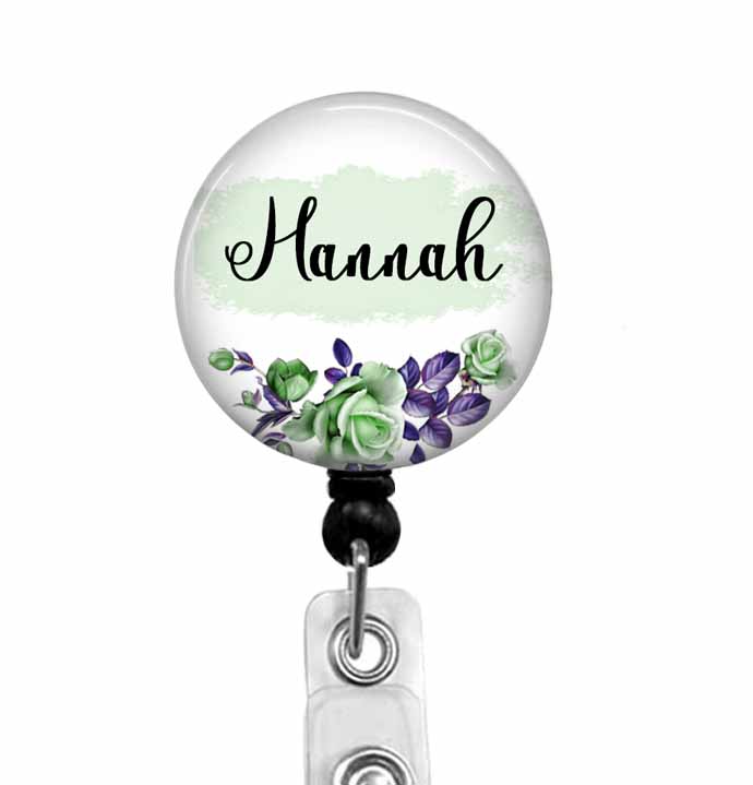 Personalized ID badge reel holder with green and purple flowers