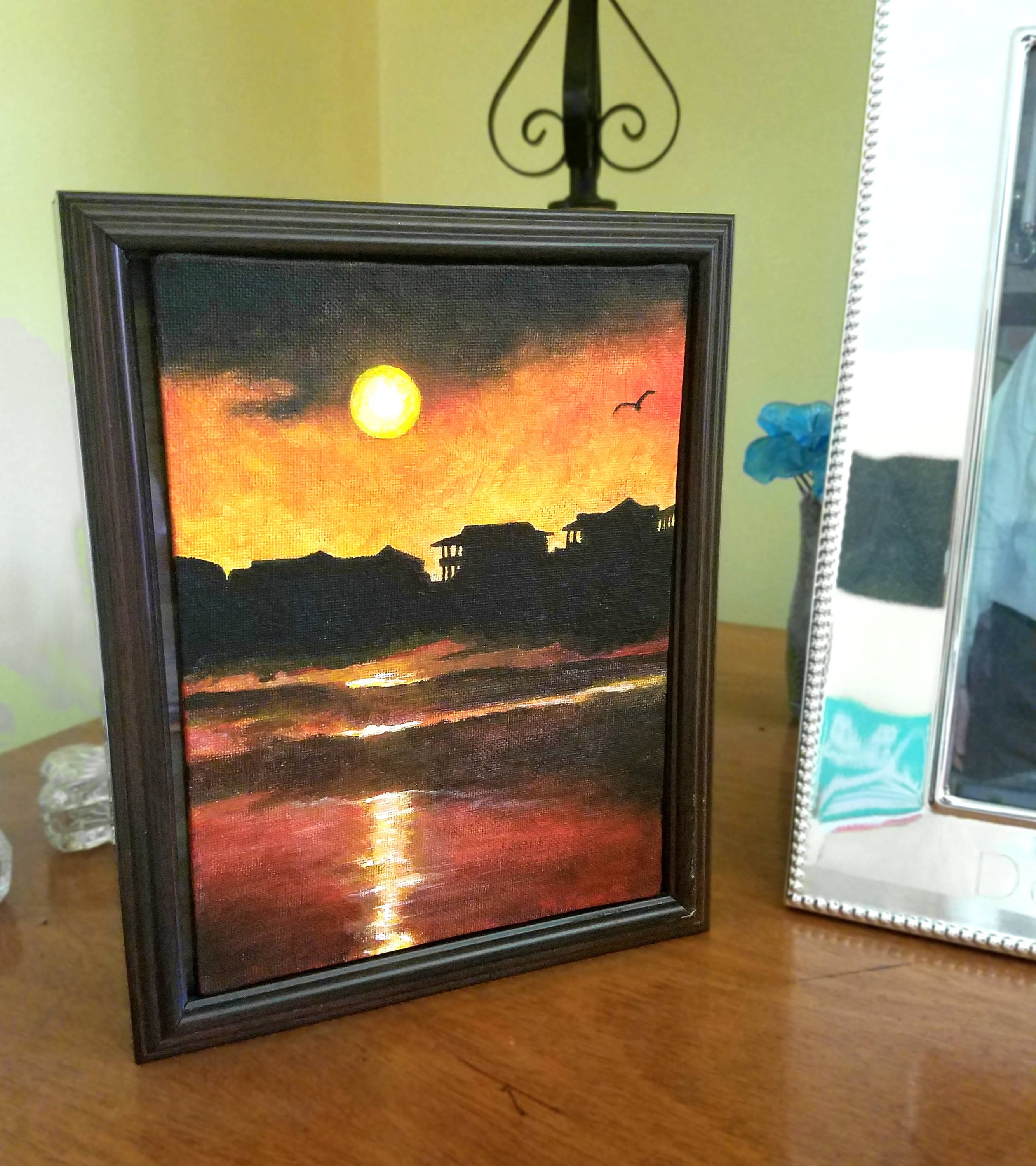 Sunset Stone Painting, Home and Trees, Painted with Acrylic paints and  finished with varnish