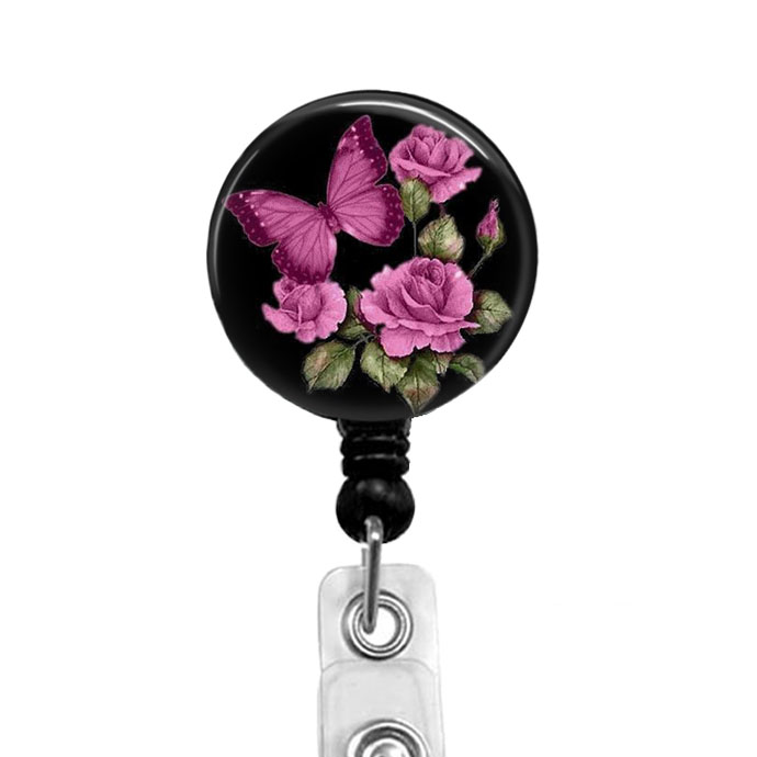 Butterfly & Roses Badge Reel - Permanent or Interchangeable Top