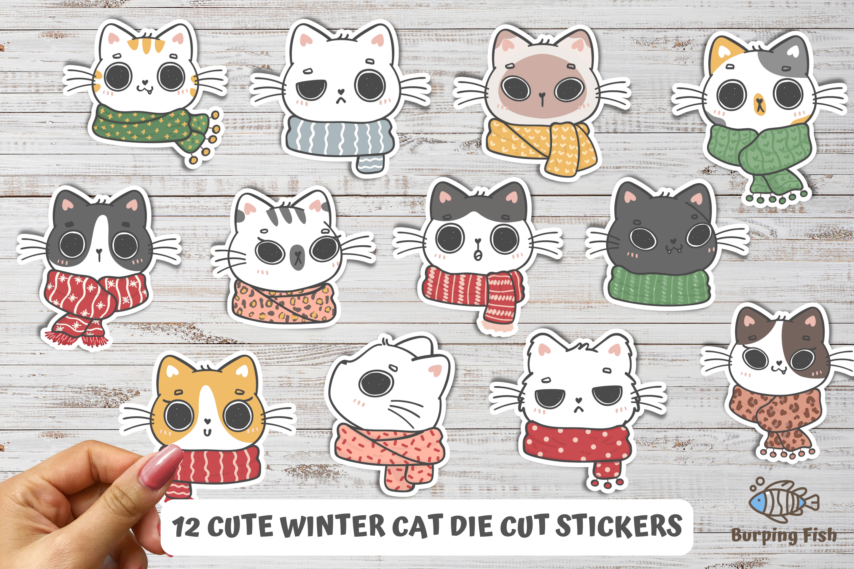 12 Pcs Winter Cat Sticker Pack, Cozy cat stickers, Waterproof Vinyl  Stickers, Cute Stickers