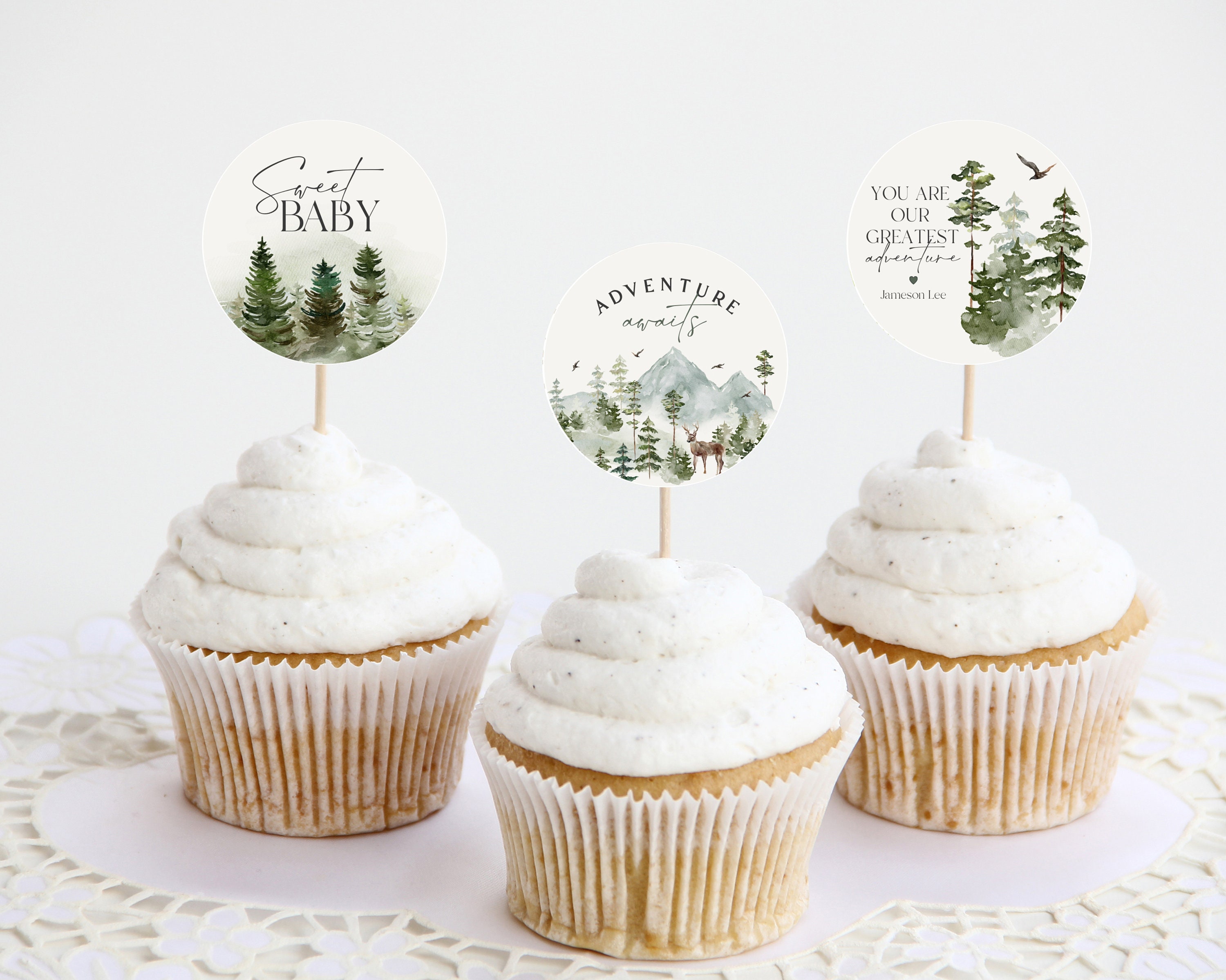 Forest woodland baby shower Cupcake Toppers or Favor Tags