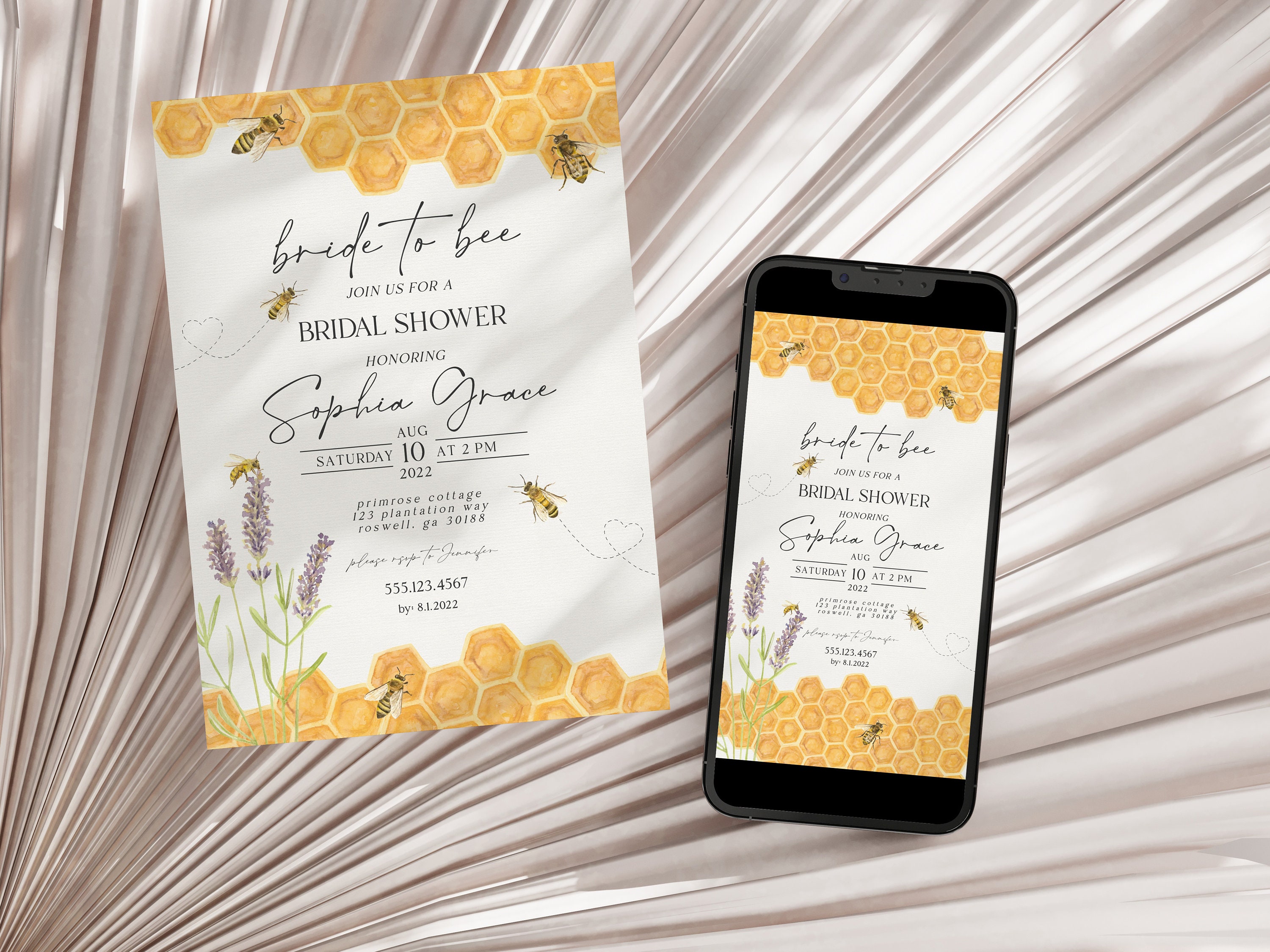 Honey bee bridal shower invitation set template, bee bridal shower invites set, spring summer
