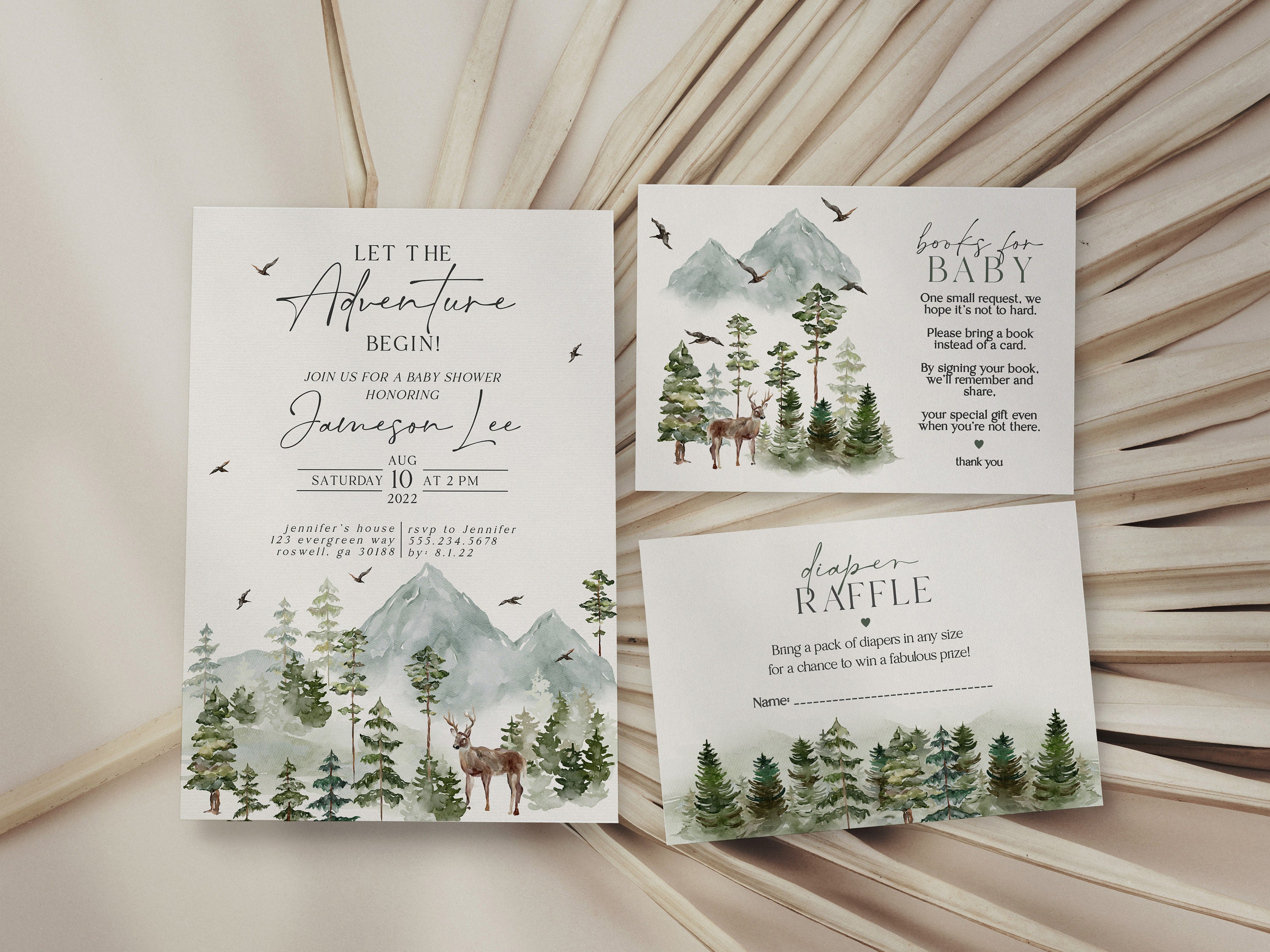 Forest woodland theme 3 piece baby shower invitation template, let