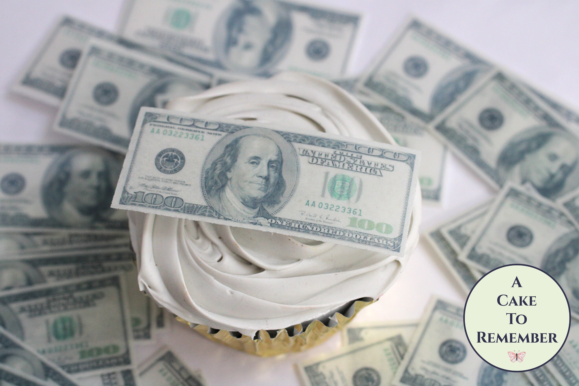 Products :: 24 little precut 100 dollar bill cupcake toppers. 2.5 long edible  money image wafer paper for cake decorating. Precut edible fake money.