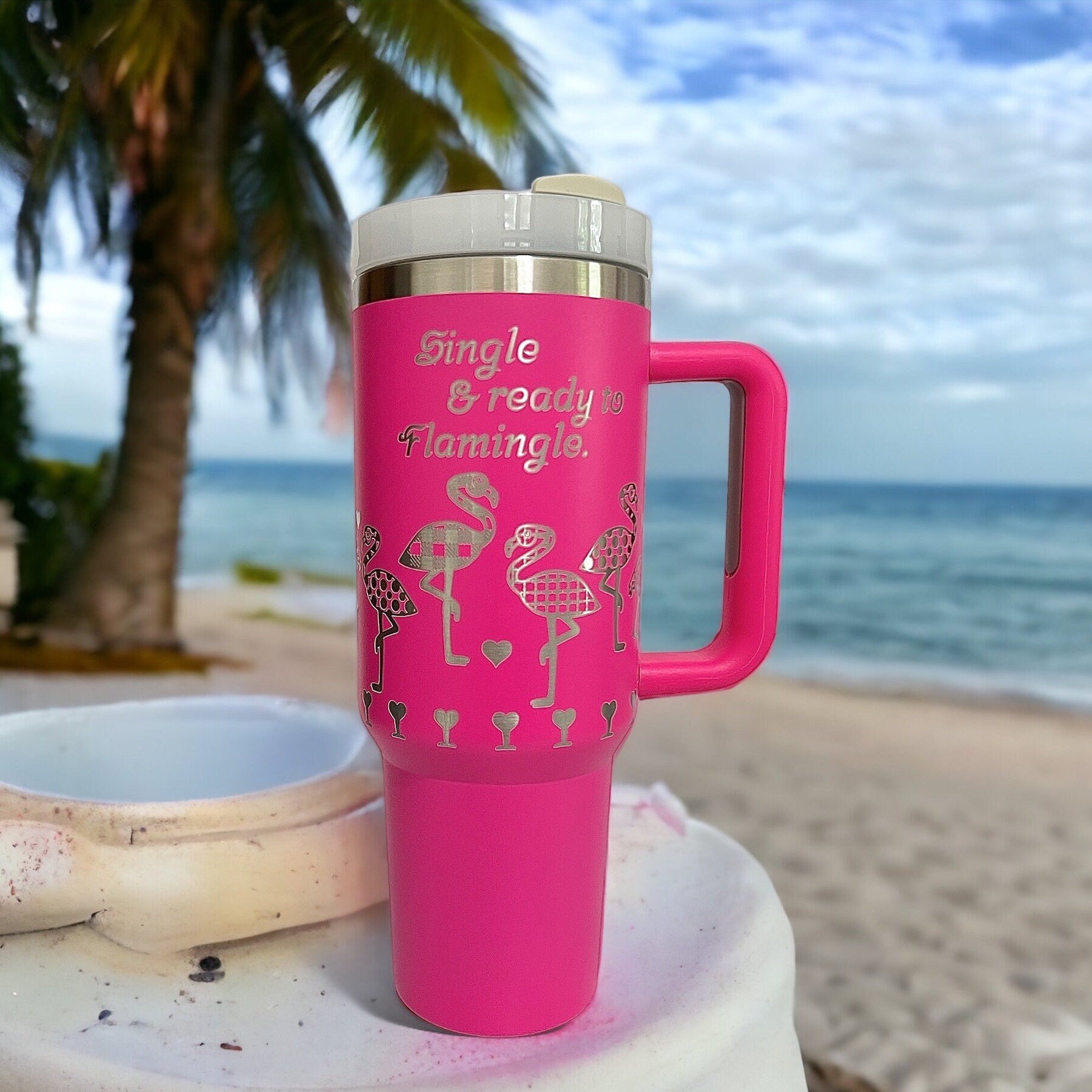 Laser Engraved Stanley 40oz Tumbler With Handle Beach Palm Tree