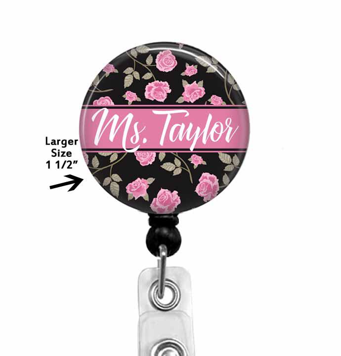 Pink and Black Floral Badge Reel For a Teacher - Director Manager