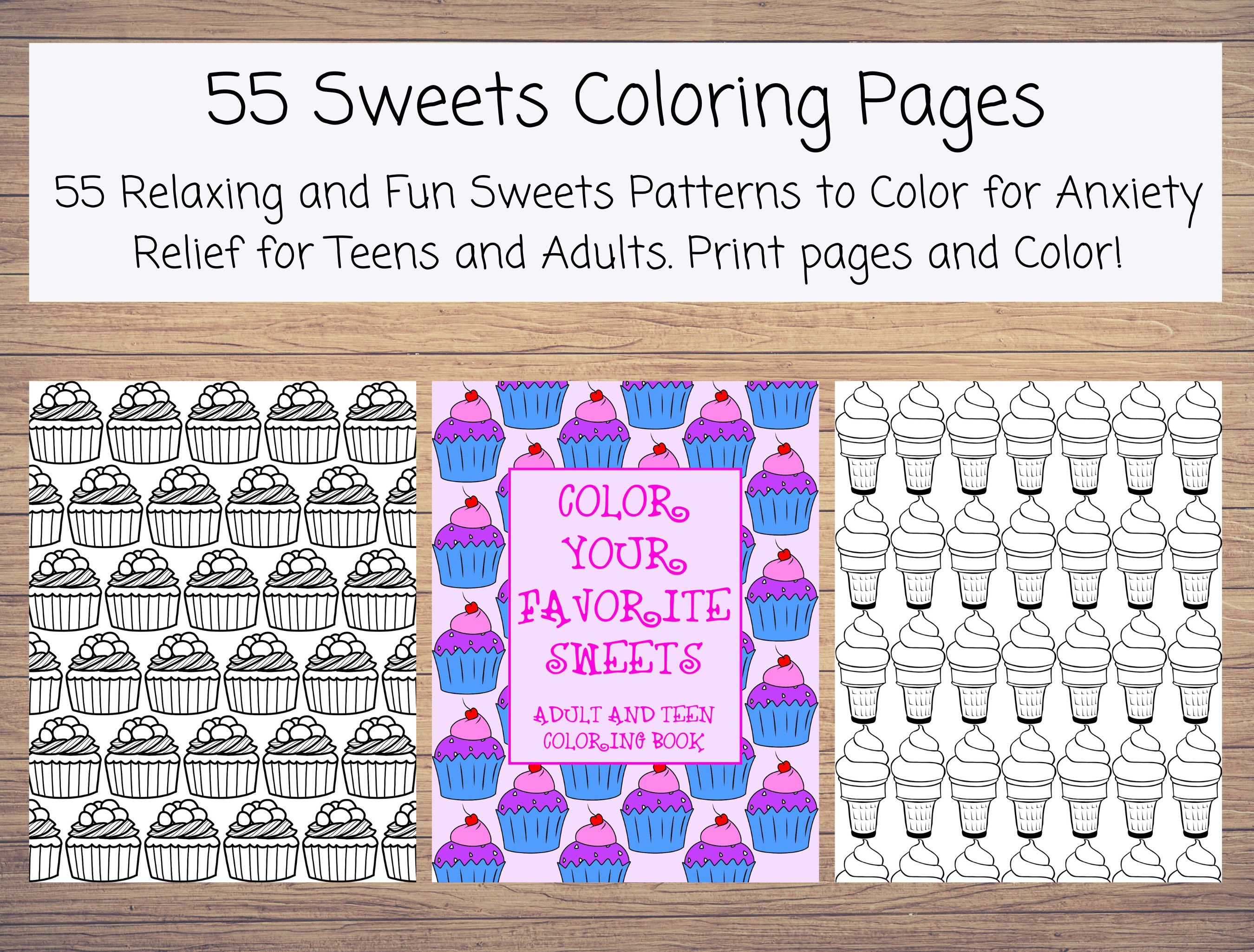 Fun & Games :: Books :: Coloring Books :: Color Sweets Patterns Adult and Teen  Coloring Book with 55 Amazing Desserts Patterns to print at home and color.  Relaxing and Beautiful!