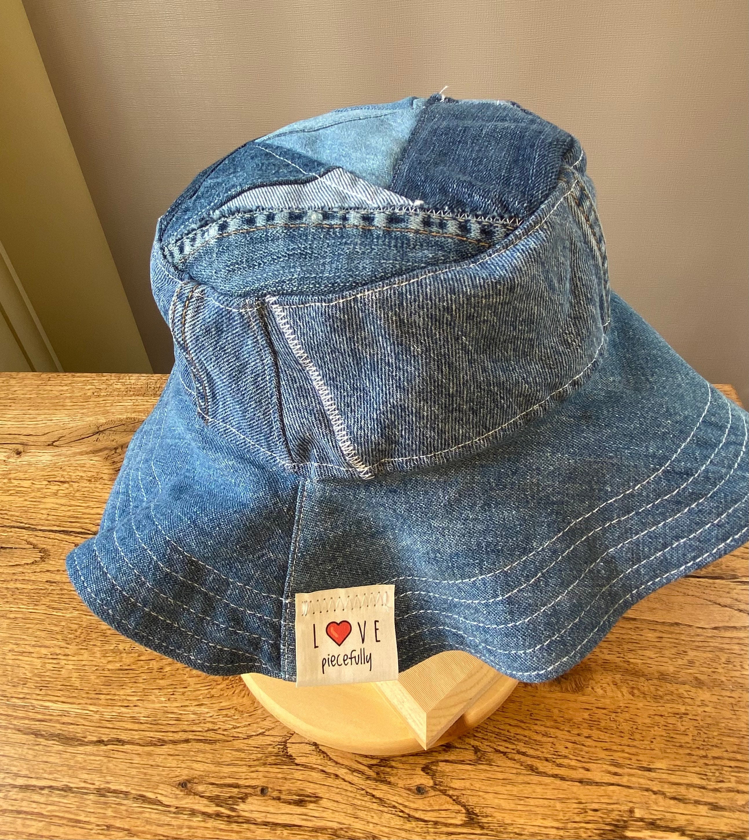 XL Denim Bucket Hat Floppy Brim Boonie, Distressed Patchwork Denim Packable  Sun Hat, Hippie Boho 70s style Reversible Handmade Aesthetic