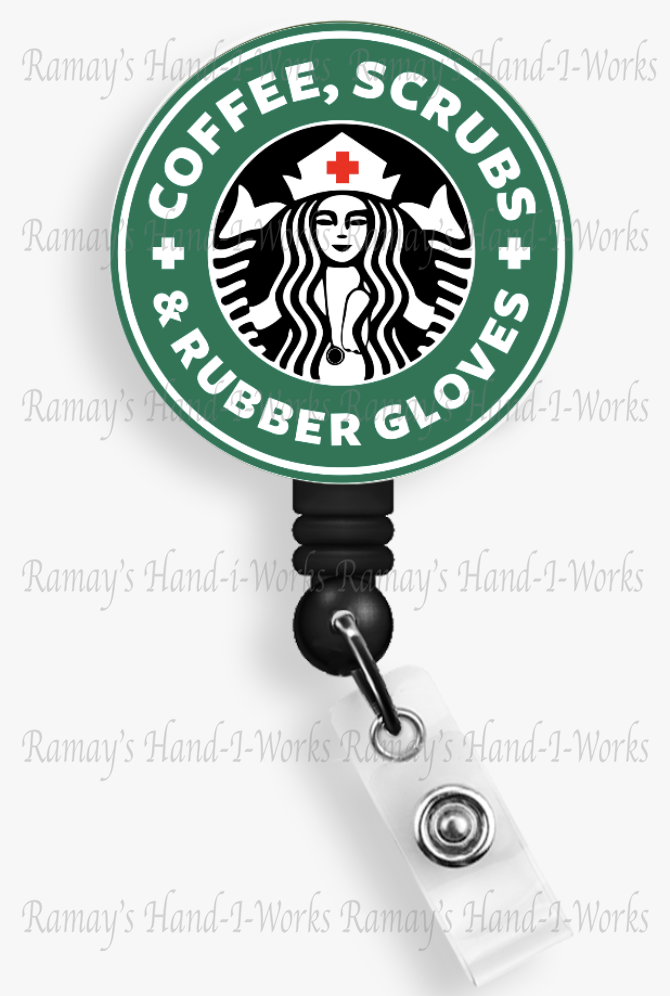 Coffee, Scrubs & Rubber Gloves Badge Reel & Lanyard Badge Holder
