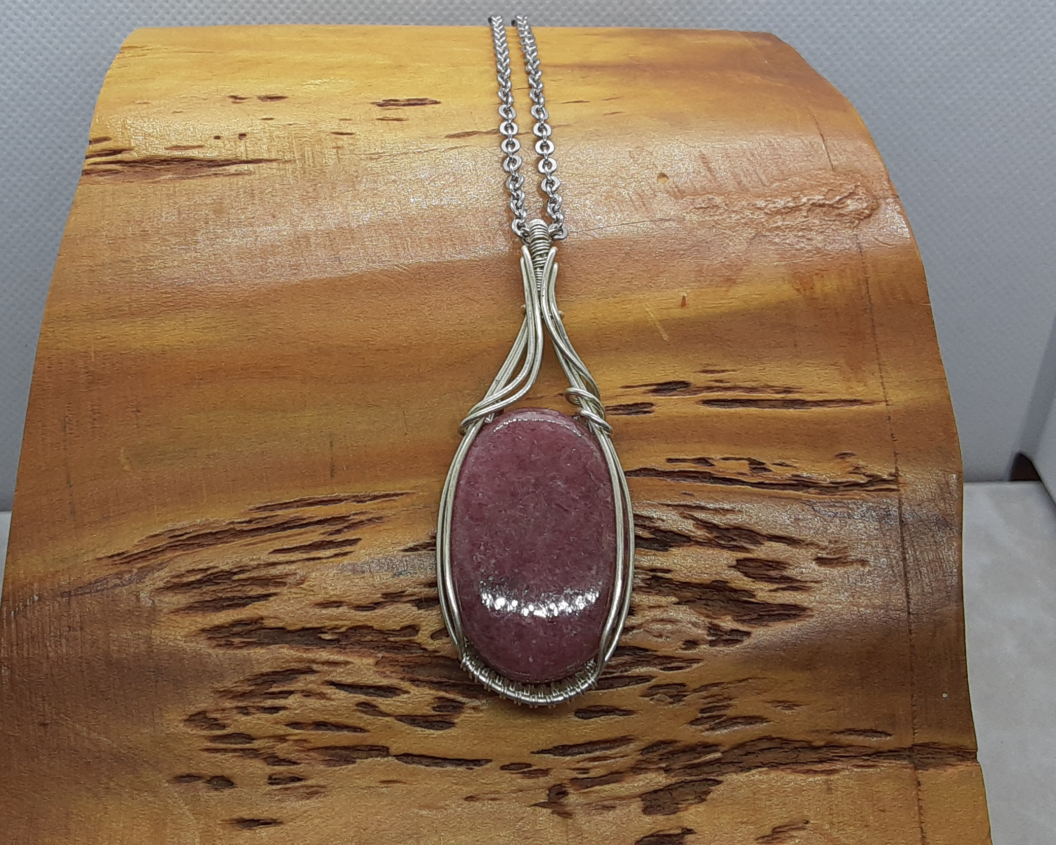 Lariat Necklace With Rhodonite Pendant on a Sterling Silver 