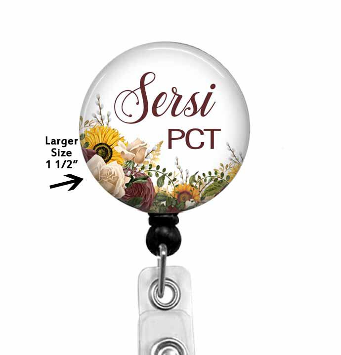 PCT badge reel with flowers personalized with name and credential