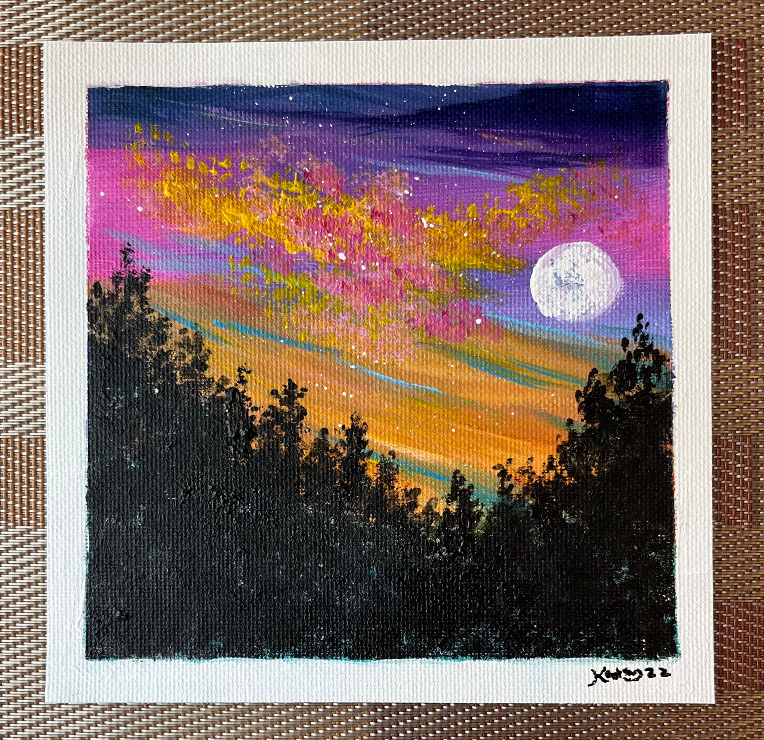 Original 11x14 Acrylic Painting on Canvas starry Night Forest Full Moon,  Celestial Stars, Forest Trees 