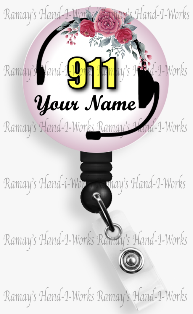 Personalized Pink 911 Dispatcher Headset Badge Reel & Lanyard
