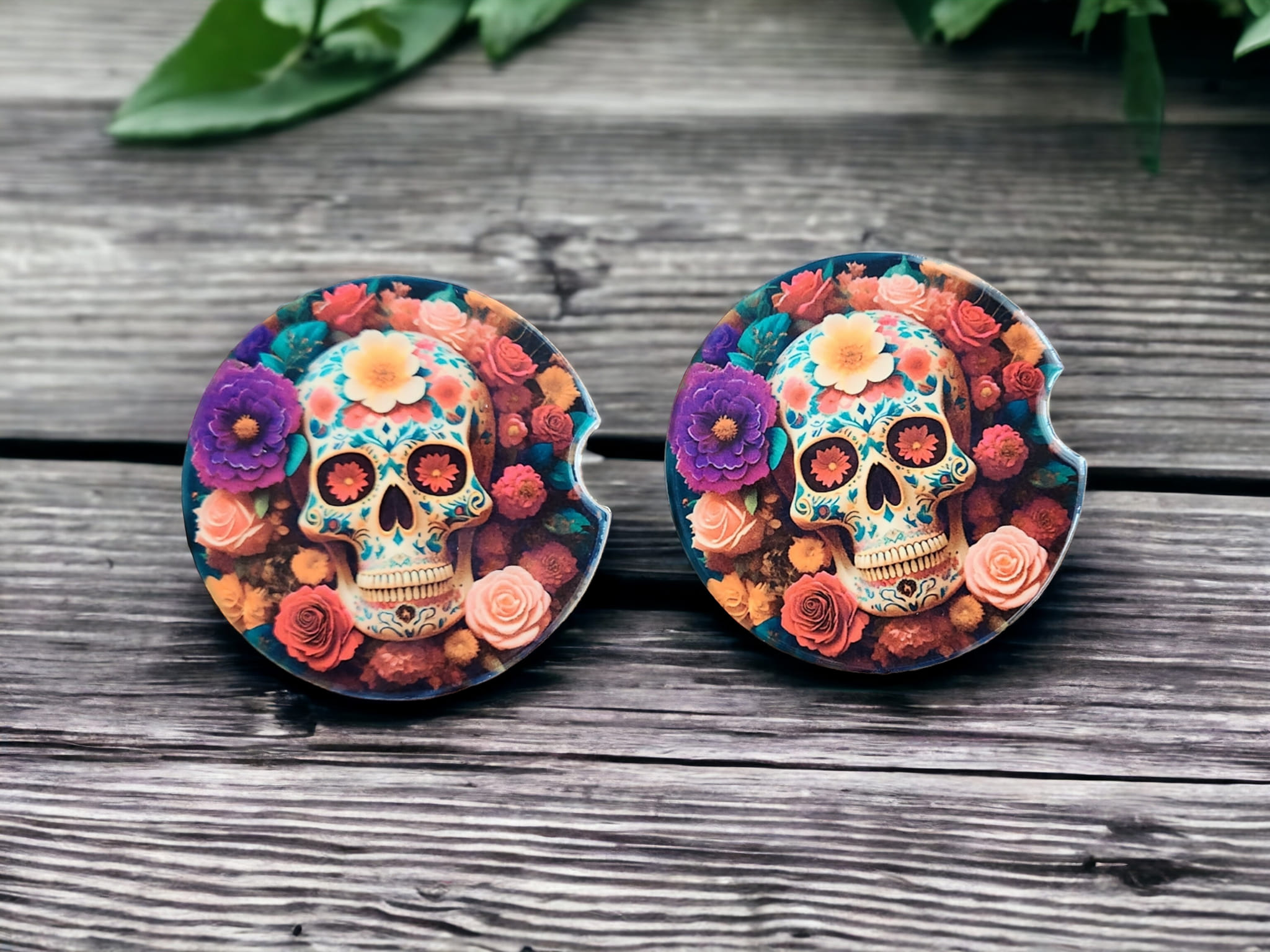 Stained Glass Sugar Skulls Car Coaster