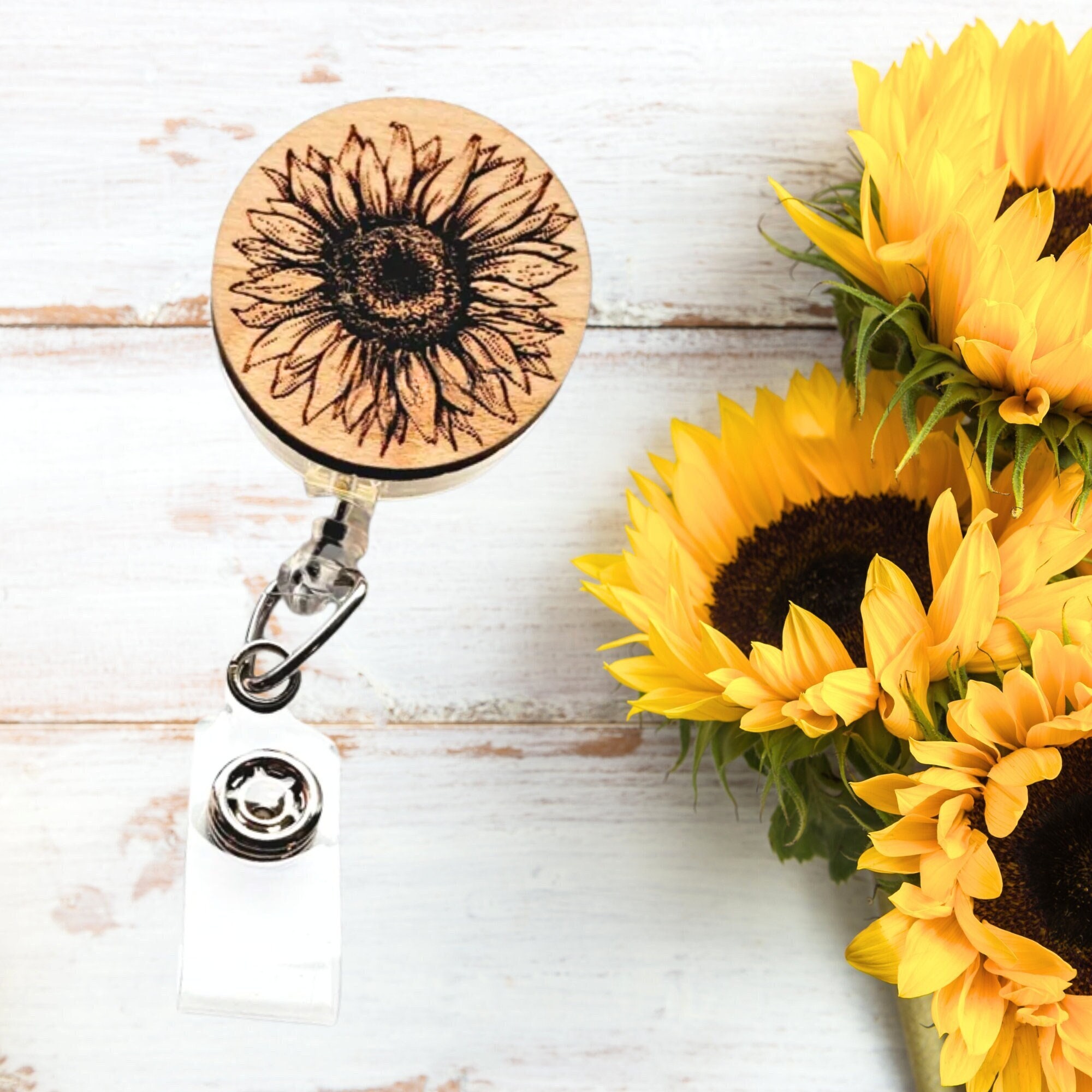 Clothing & Accessories :: Keychains & Lanyards :: Badge Holders & Reels :: Sunflower  Retractable Badge Reel, Laser Engraved Work Name Tag Holder