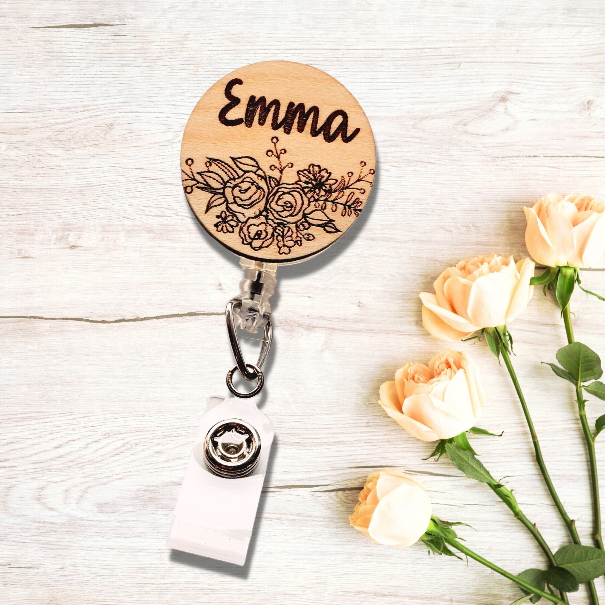Clothing & Accessories :: Keychains & Lanyards :: Badge Holders & Reels ::  Personalized Floral Retractable Badge Reel, Laser Engraved Work Name Tag  Holder, Office Badge Holder