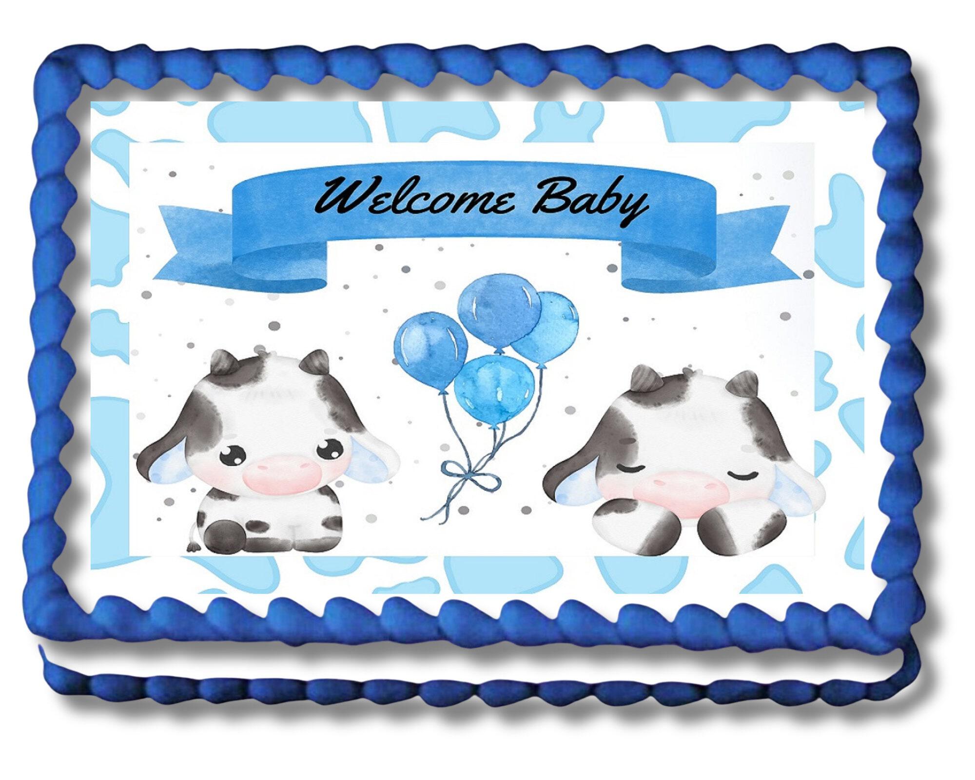 Baby Cow Blue Cow Print Edible Image 1st Birthday Themed Baby Shower Party  Cake Topper Frosting Sheet Icing Frosting Edible Sticker Decal