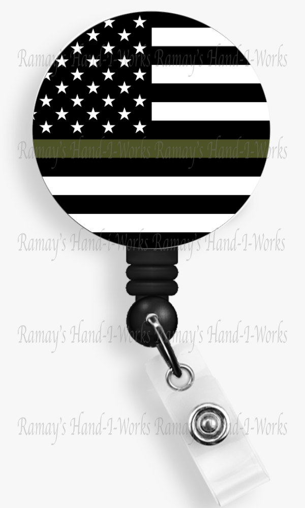 US Flag, Military Support Green Line Badge Reel & Lanyard Badge Holder
