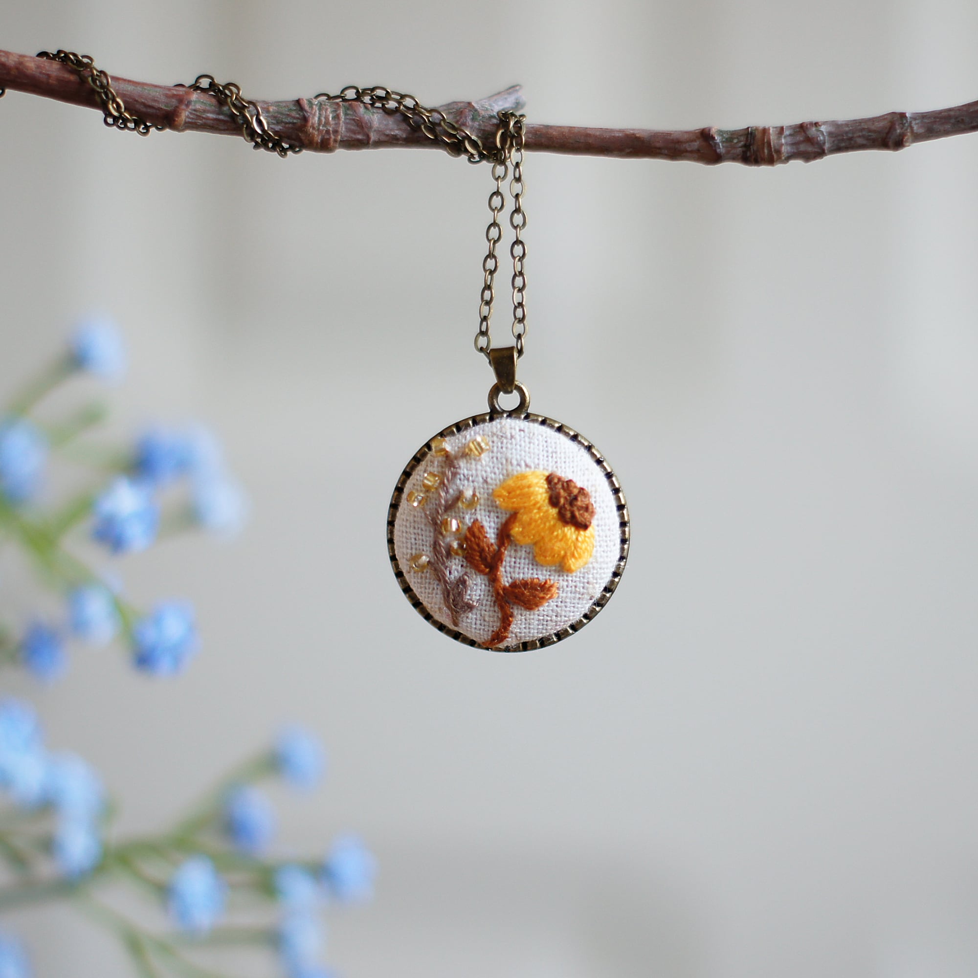 Embroidered Sunflower Pendant, Floral Embroidery Necklace, Summer Delicate Necklace, Nature Jewelry, Elegant Dainty Jewelry, Positive Gift