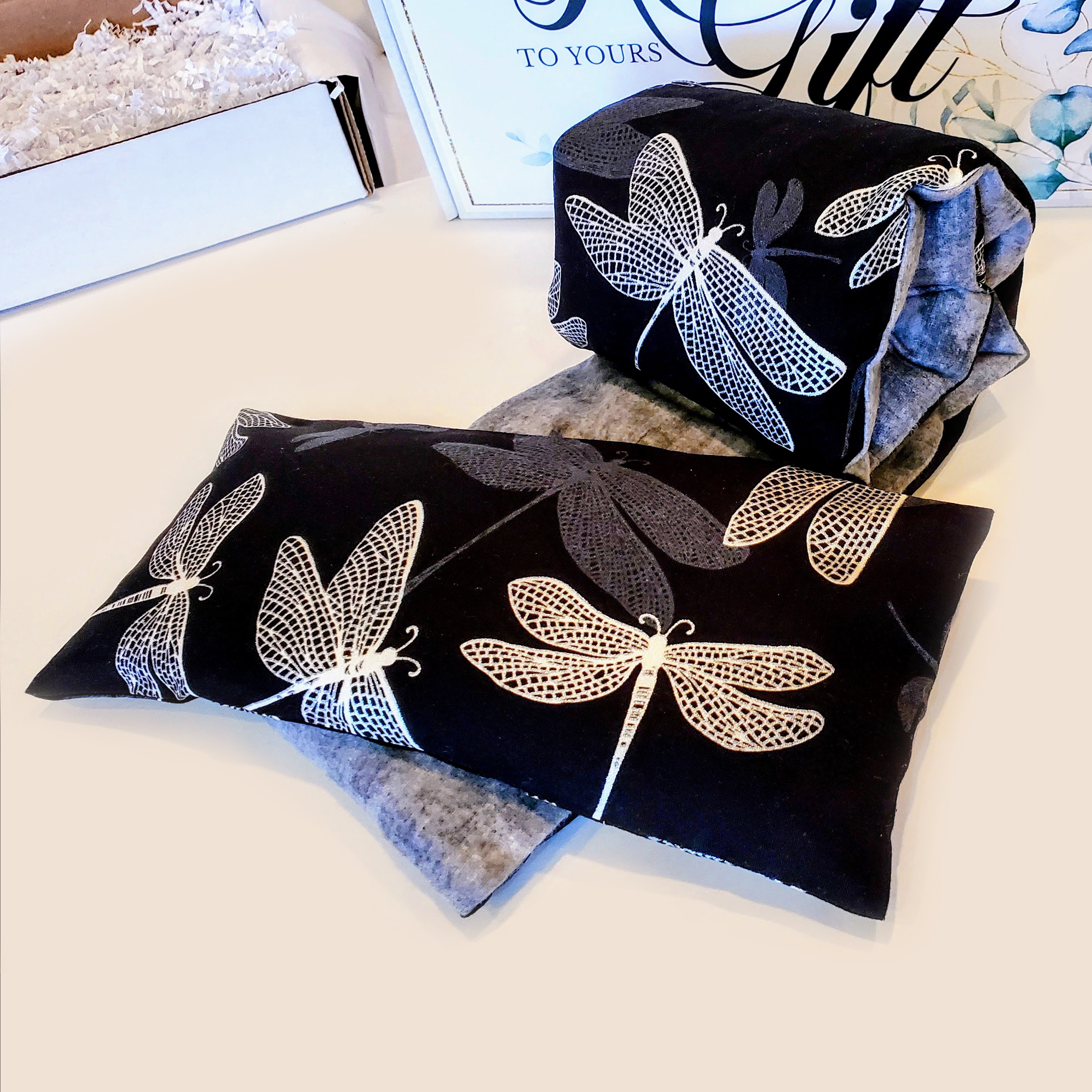 Dragonfly Gift Box, Rice heating pad can aide with Migraine headache  relief, chronic pain relief. Rice Bag Microwave Heat pack Gift for mom.