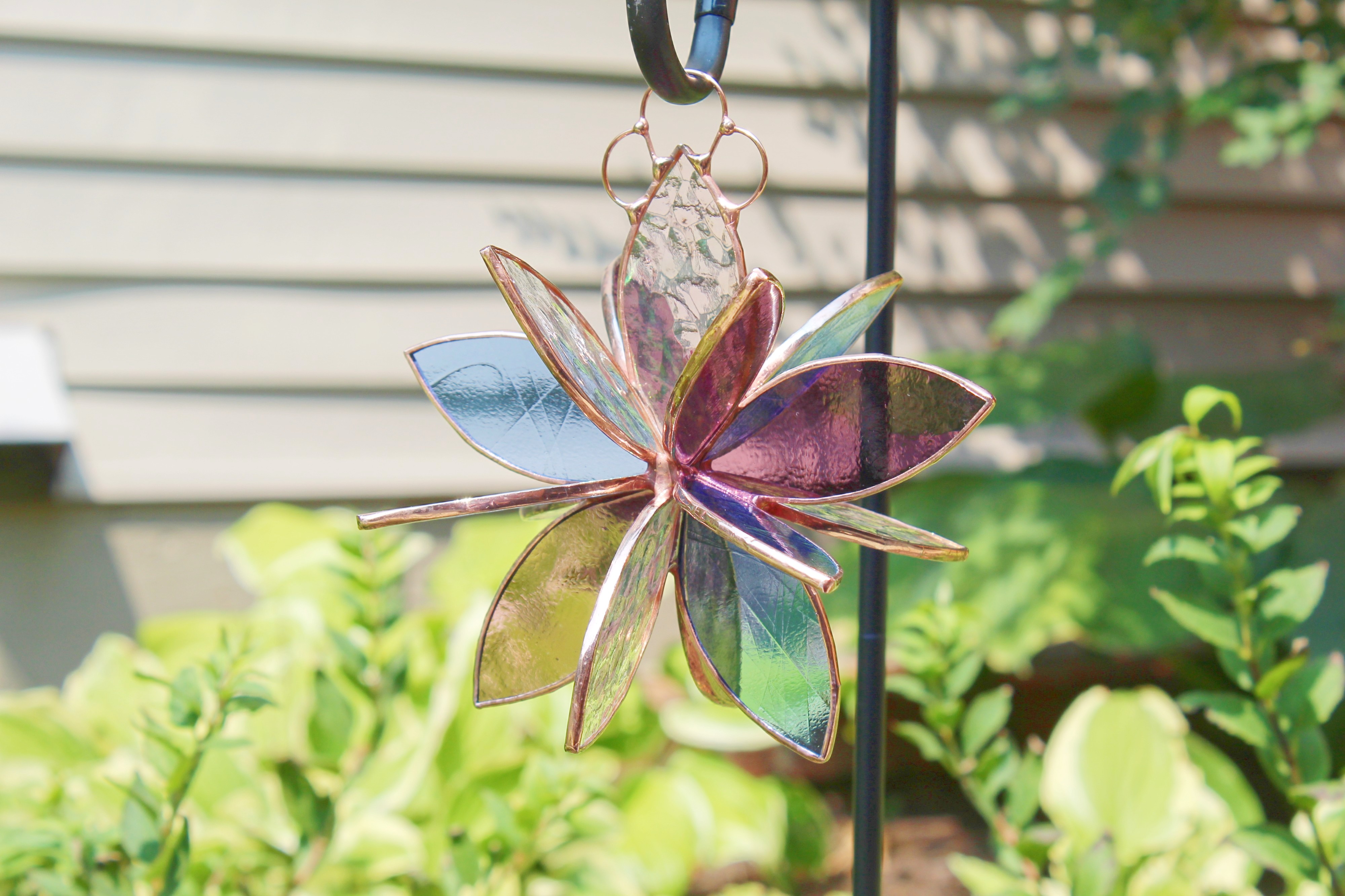 Copper finished Stained glass hanging flower suncatcher. Garden art and  home decor. 2 sizes. Indoor or outdoor decoration. Great gift idea.