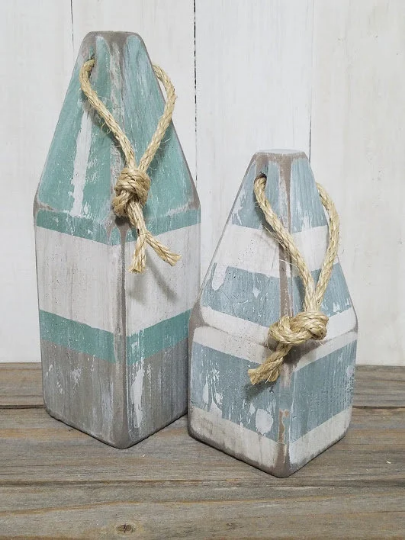 Home & Living :: Home Decor :: Decorative buoy pair - 11 inch tall and 9  inch wooden buoys - seaglass colors, neutral colors striped - lobster buoy  - nautical decor 