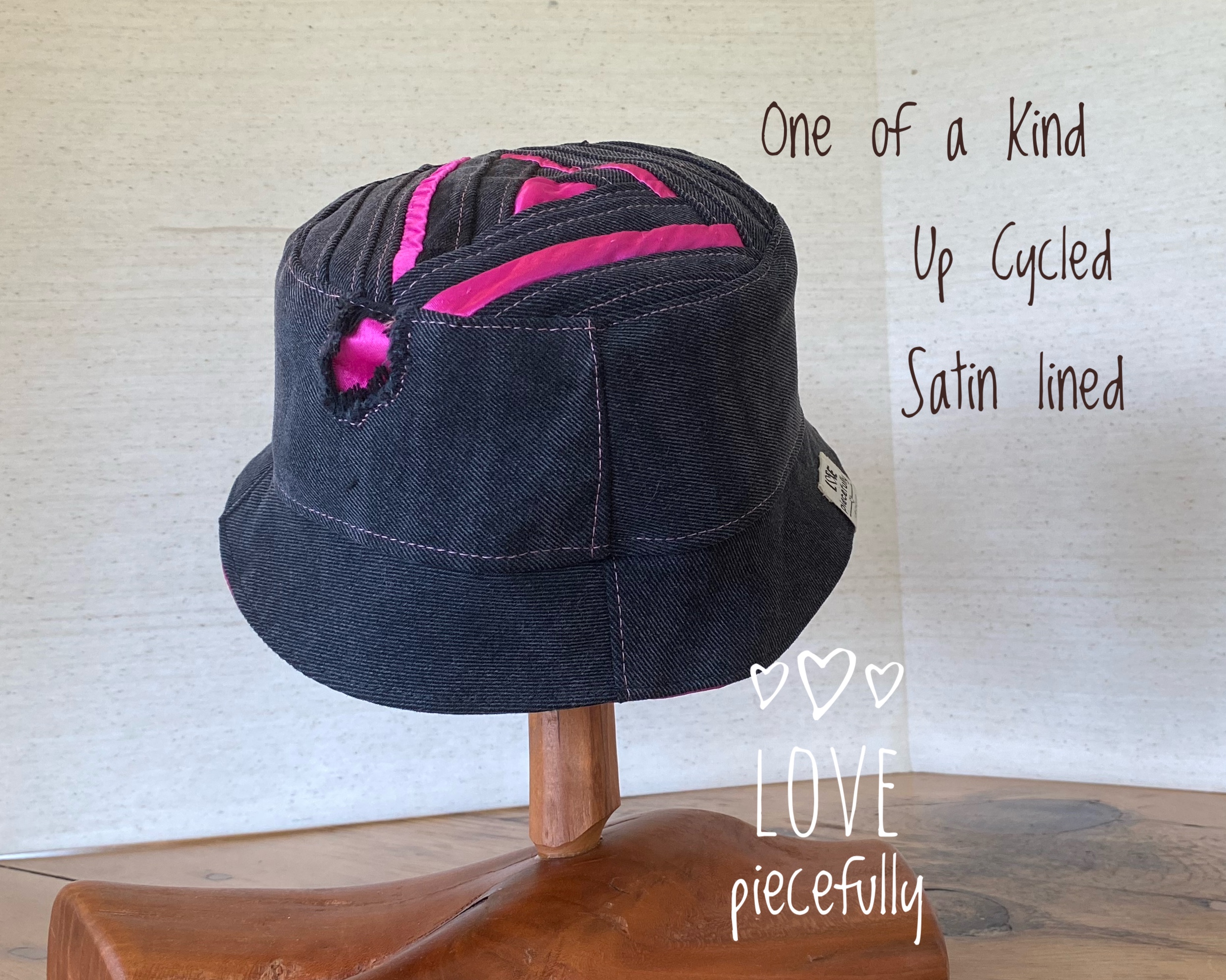 Bucket Hat with satin lining. Small streetwear boonie hat in black denim  with pink accents.