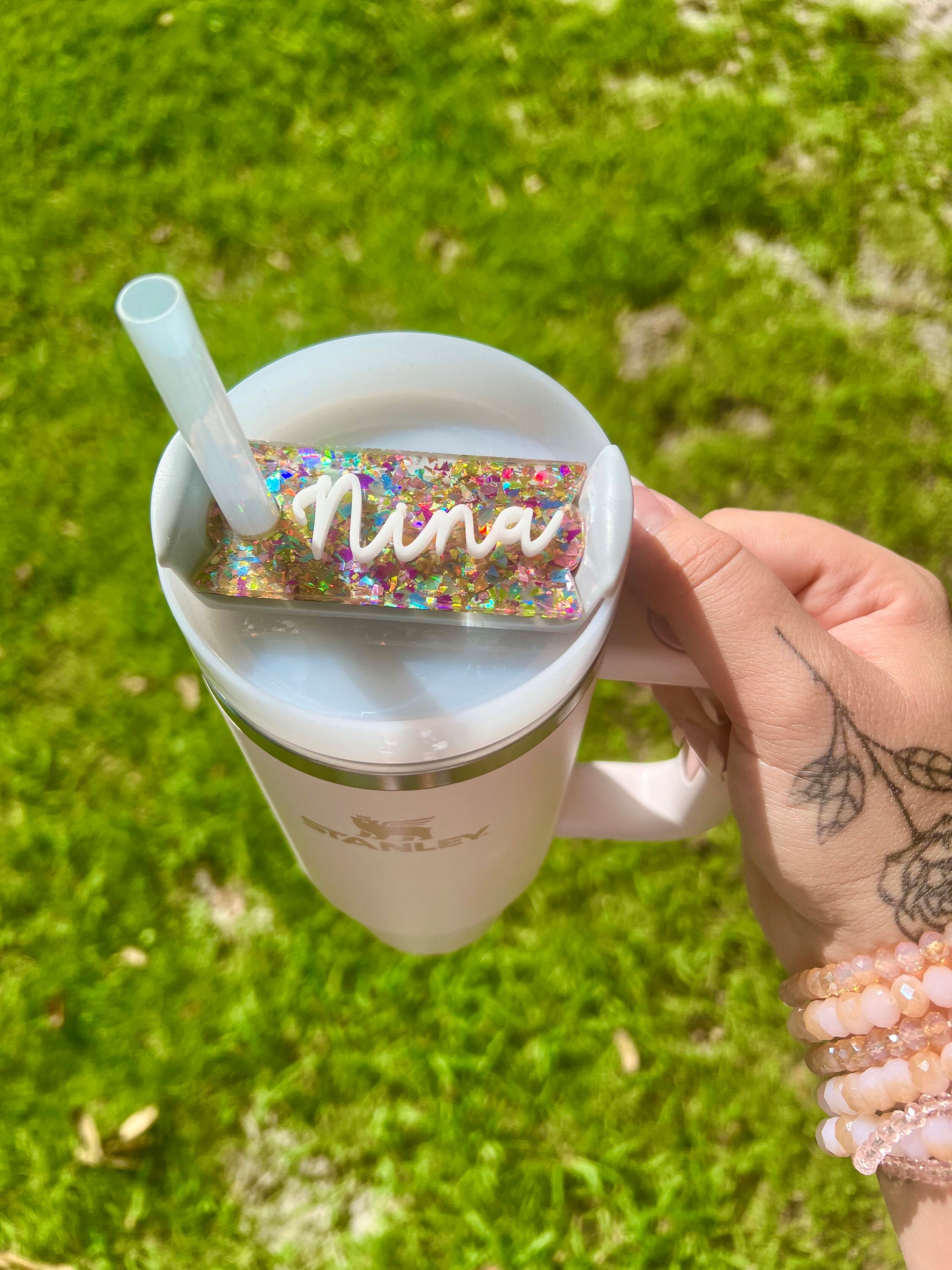 Stanley Tumbler Name Plate | FREE SHIPPING | Confetti Glitter Tumbler Name  Tag | Personalized Straw Tag | 30oz 40oz Stanley Cup Tag | Trendy Accessory