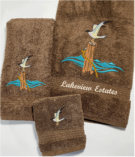 Nautical Embroidered Bath Towel Set - Or Individual - Sea Gull - White