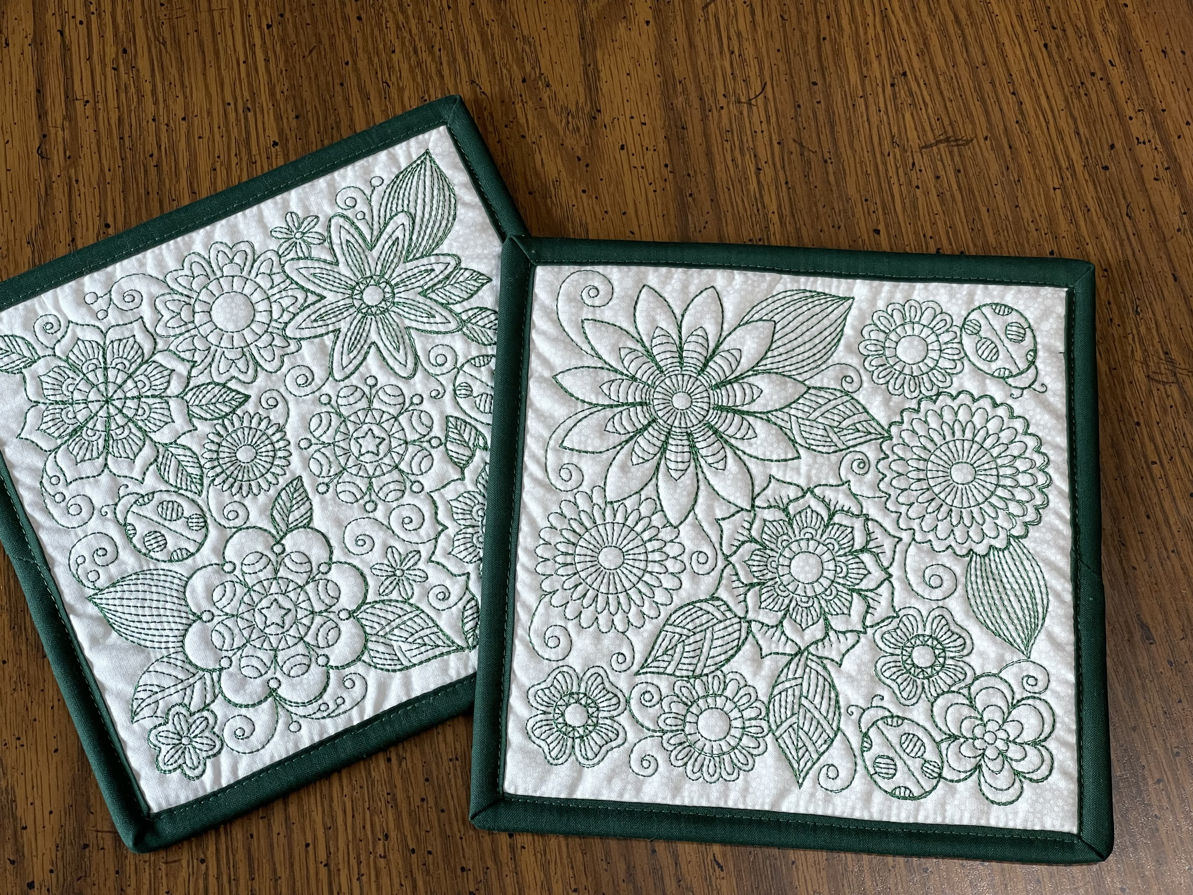 Quilted Pot Holders Brown Green Potholder Patchwork Pot Holder Fabric Pads  Kitchen Art Set of 2 