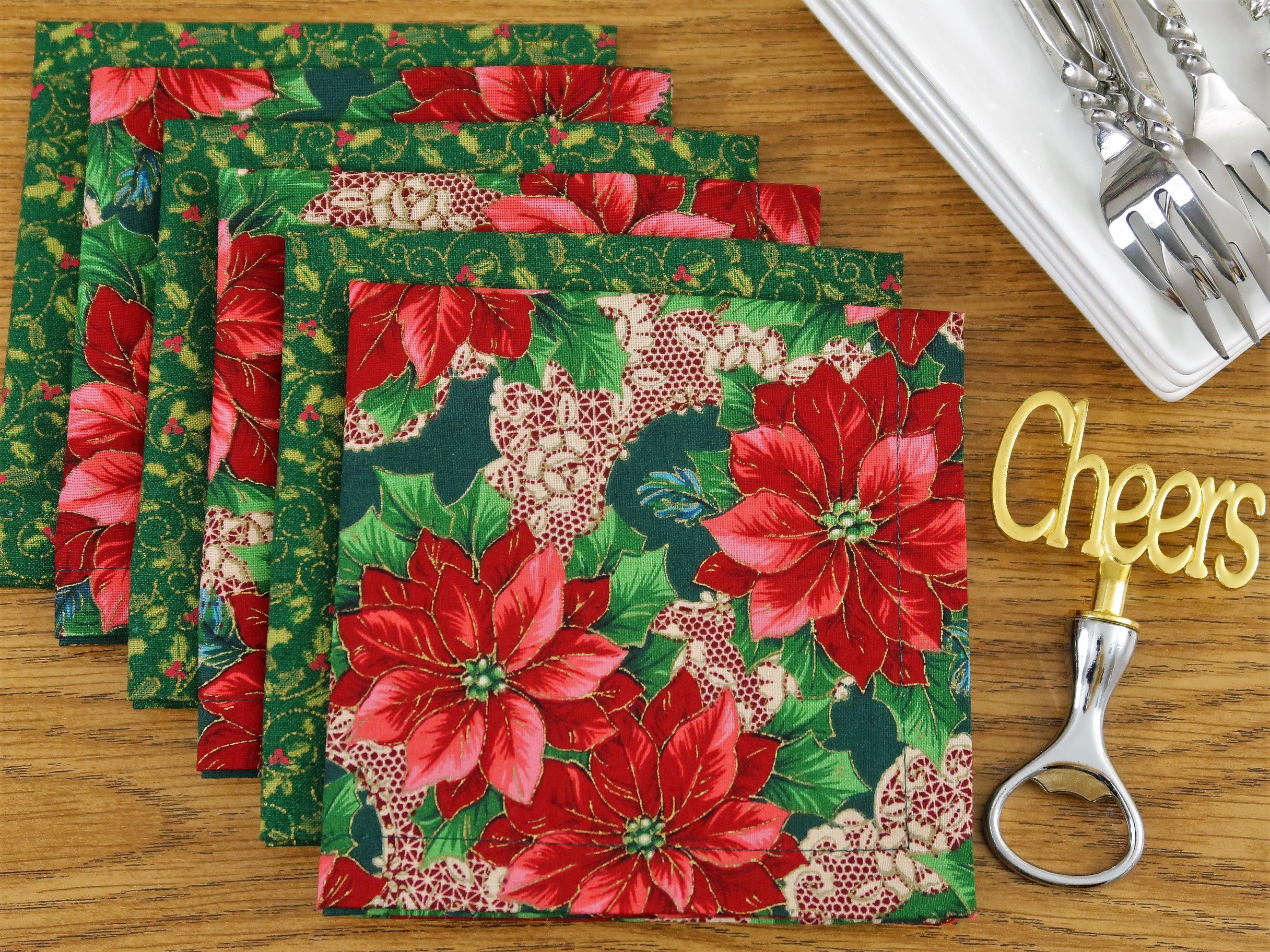 Christmas Cotton Fabric Cloth Dinner Napkins - Red Poinsettias, Holly &  Lace - Elegant Floral