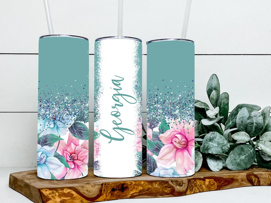 Personalized Blue Faux Glitter Tumbler - Sublimated Tumblers