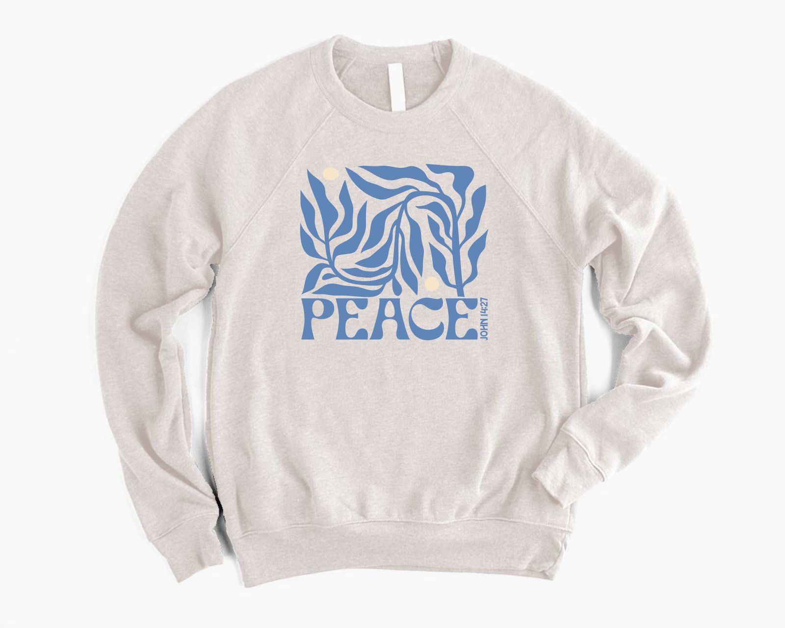 Peace John 14:27 Botanical Christian Sweatshirt for Women in unisex raglan  style with blue floral theme