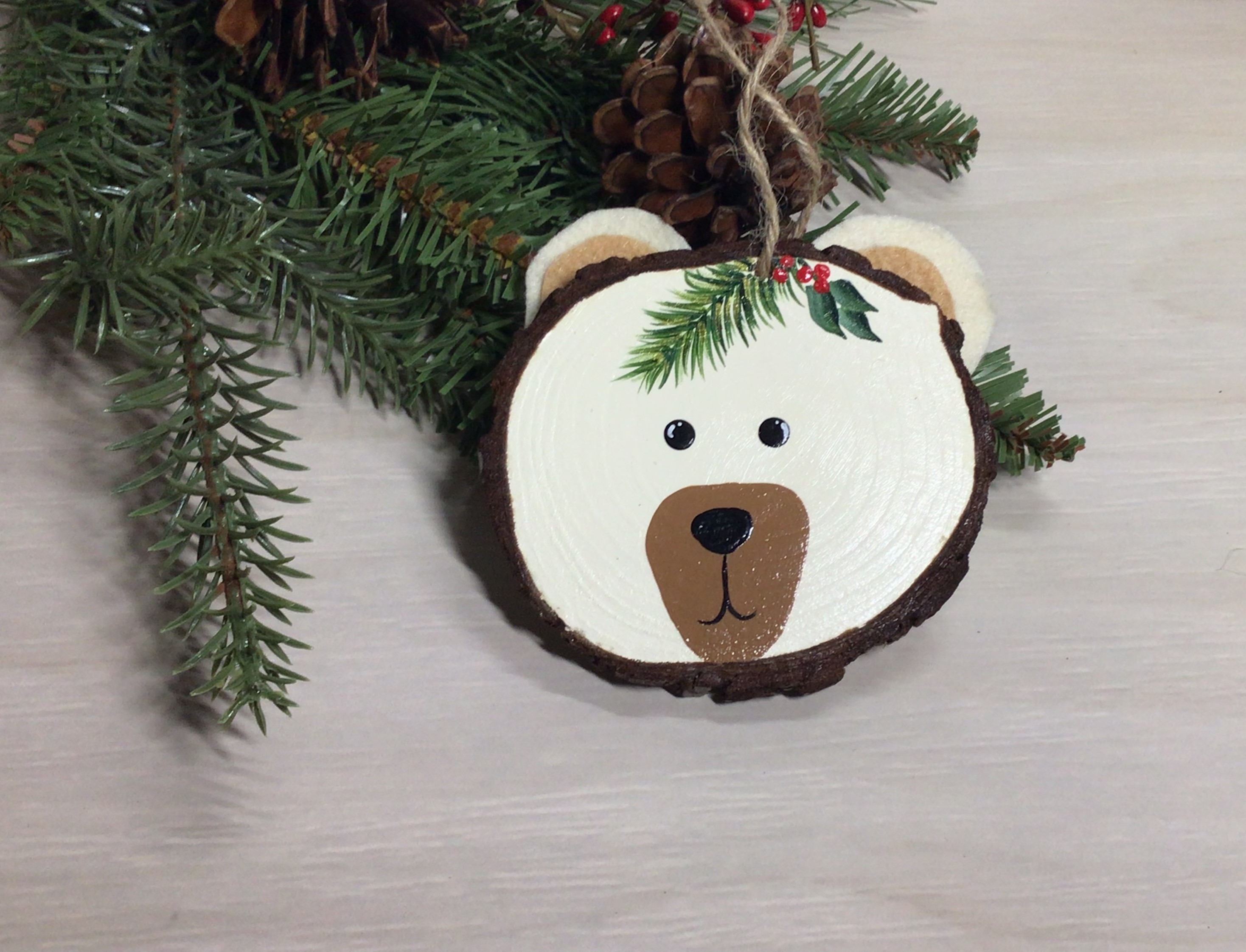 Brown Bear Wood Slice Ornament Set - Rustic Holiday Decoration!