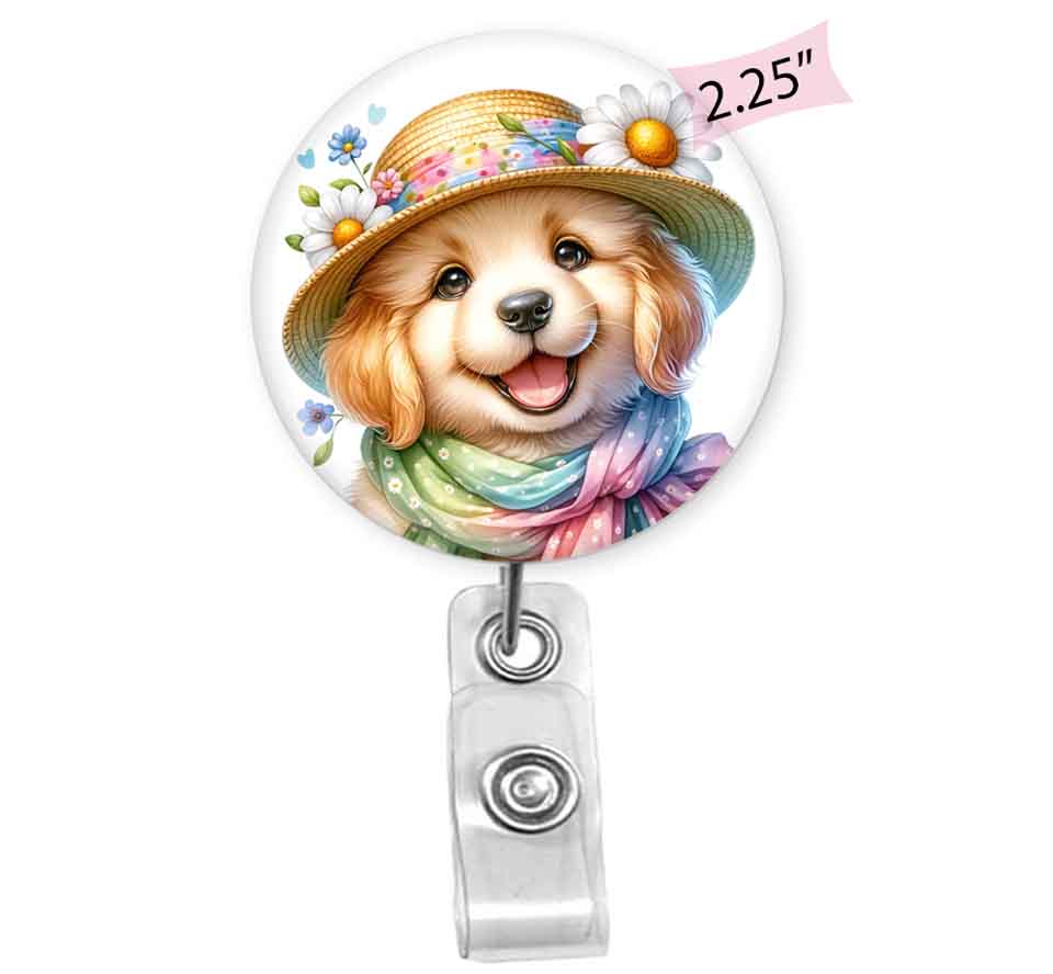 Badge Reel with Cute Puppy Wearing a Scarf and Hat with Flowers