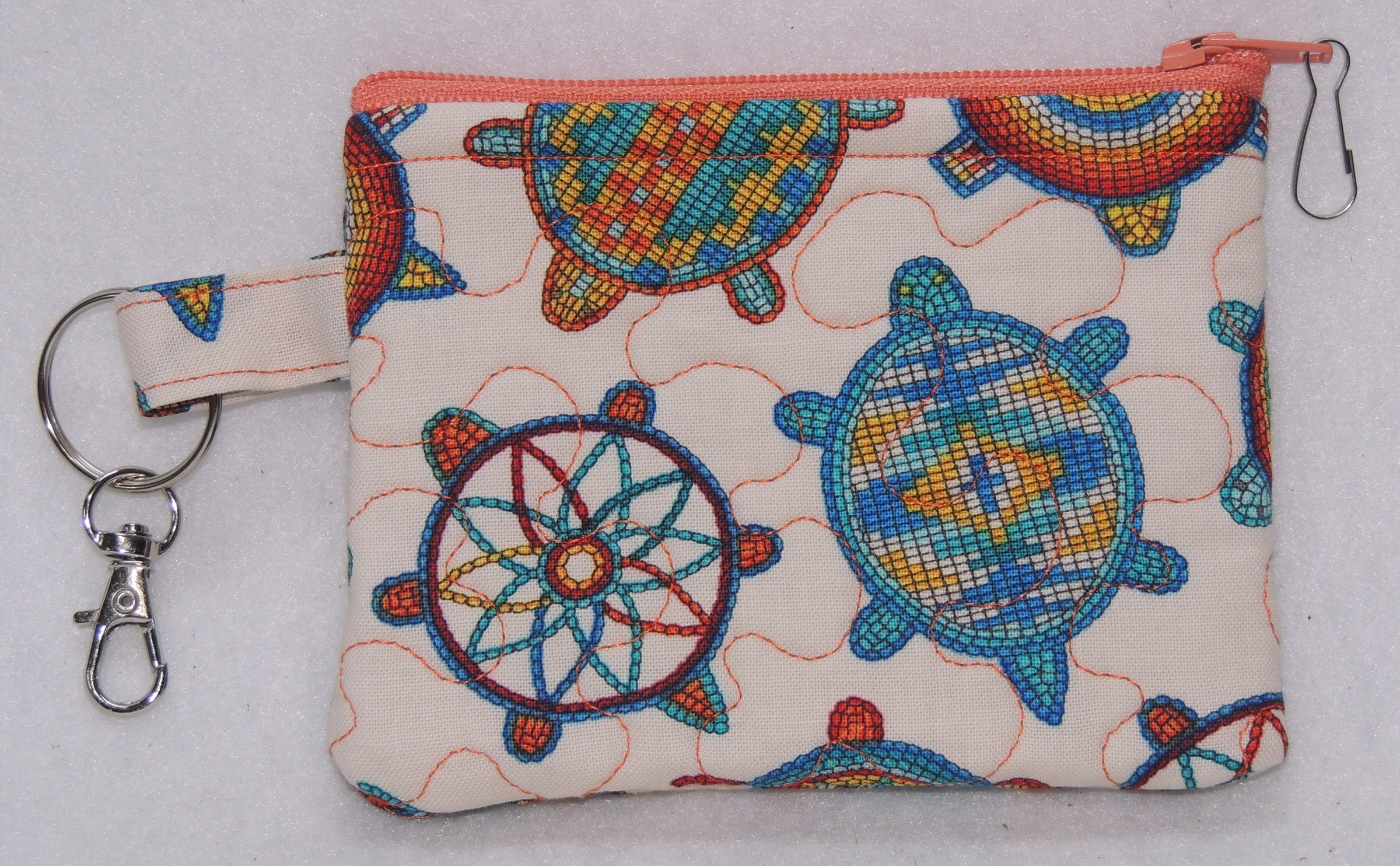 CHANGE PURSE - SOUTHWESTERN TURTLES - Handmade Quilted Cotton Fabric  Clip-On Zippered CP26