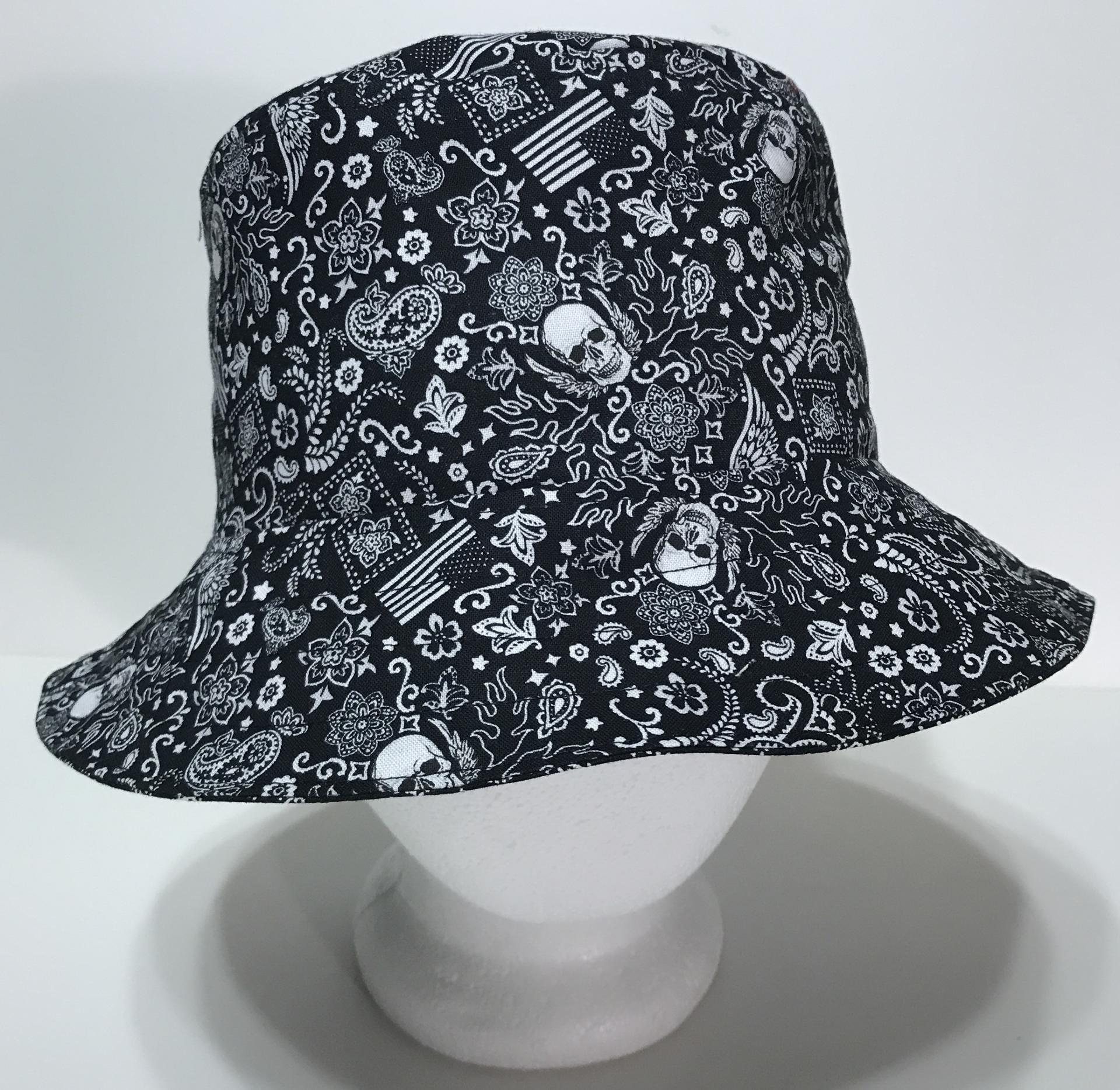 Skulls & Flags Bandana Style Print Bucket Hat, Reversible, S-xxl, Black & White, Ponytail Option, Floppy Hat, Sunhat, Fishing Hat, Handmade