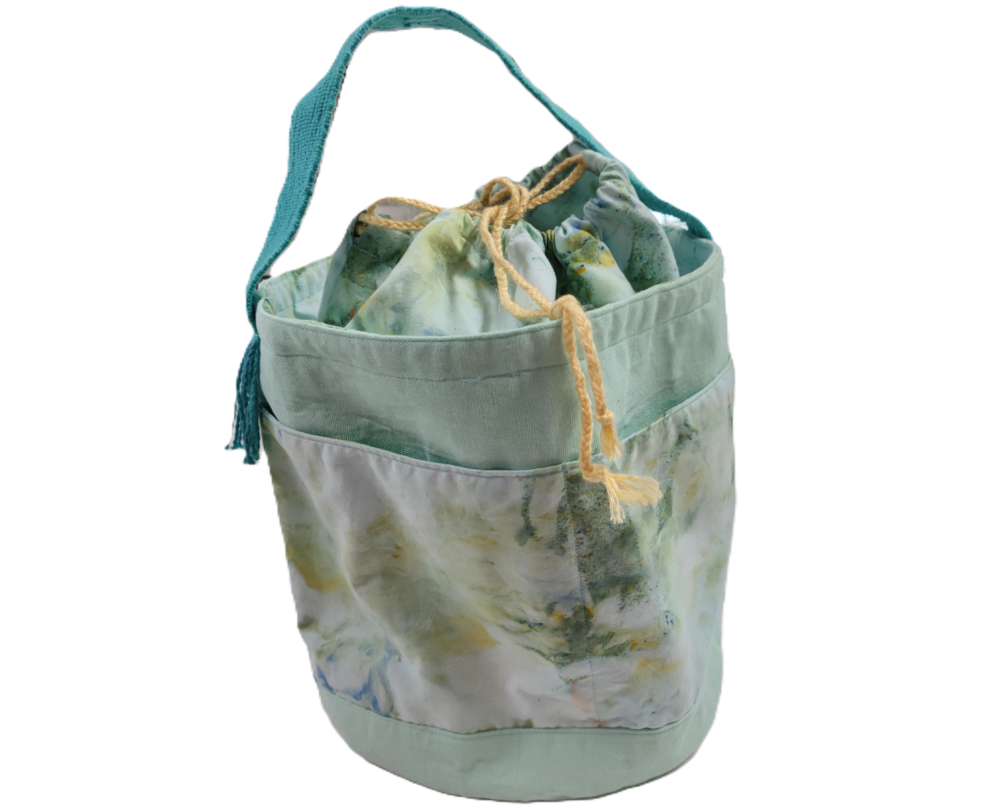 XL Drawstring Tote/ Project Bag Featuring Ice Dyed Fabric and a Hand Woven  Handle
