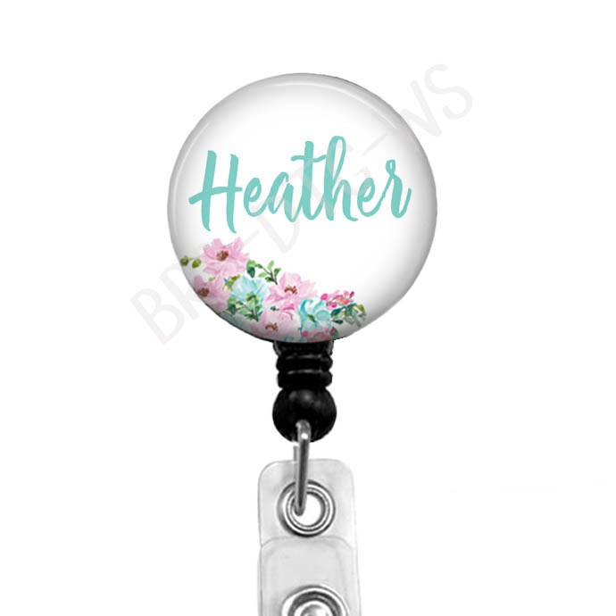 Retractable Badge Reel Badge Holder Floral Heart Steth Personalized Name 
