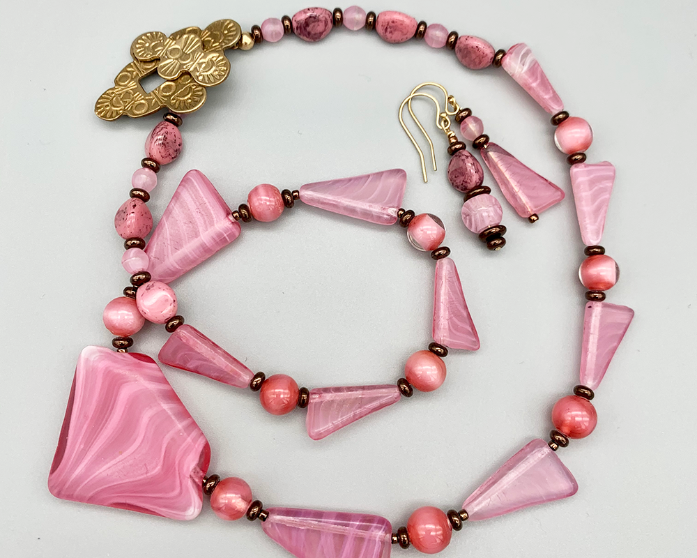 Necklace - Ceramic SHORT - Pink Clay beads with Antique Gold- Pretty In  Pink Collection