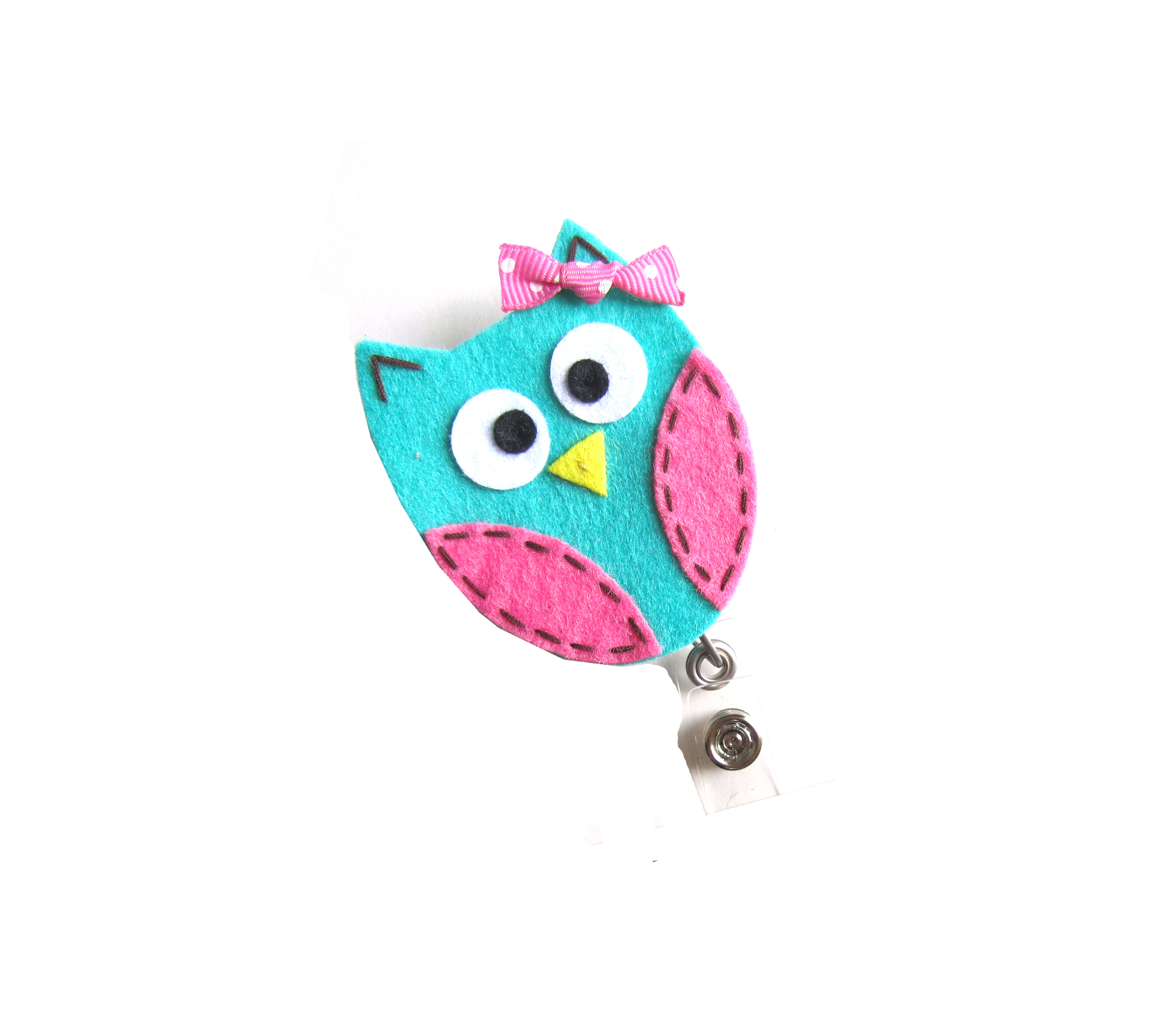 Black Owl with Light Pink Belly Felt Badge Reel Embroidered Retractable ID Badge Holder