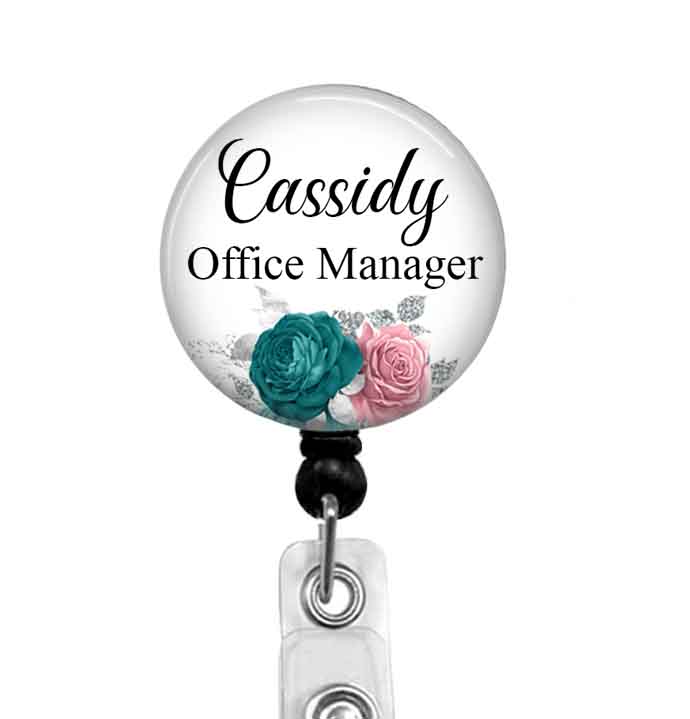 Name Badge Reel With Pretty Flowers for an Office Manager or add any other  Occupation, 936L